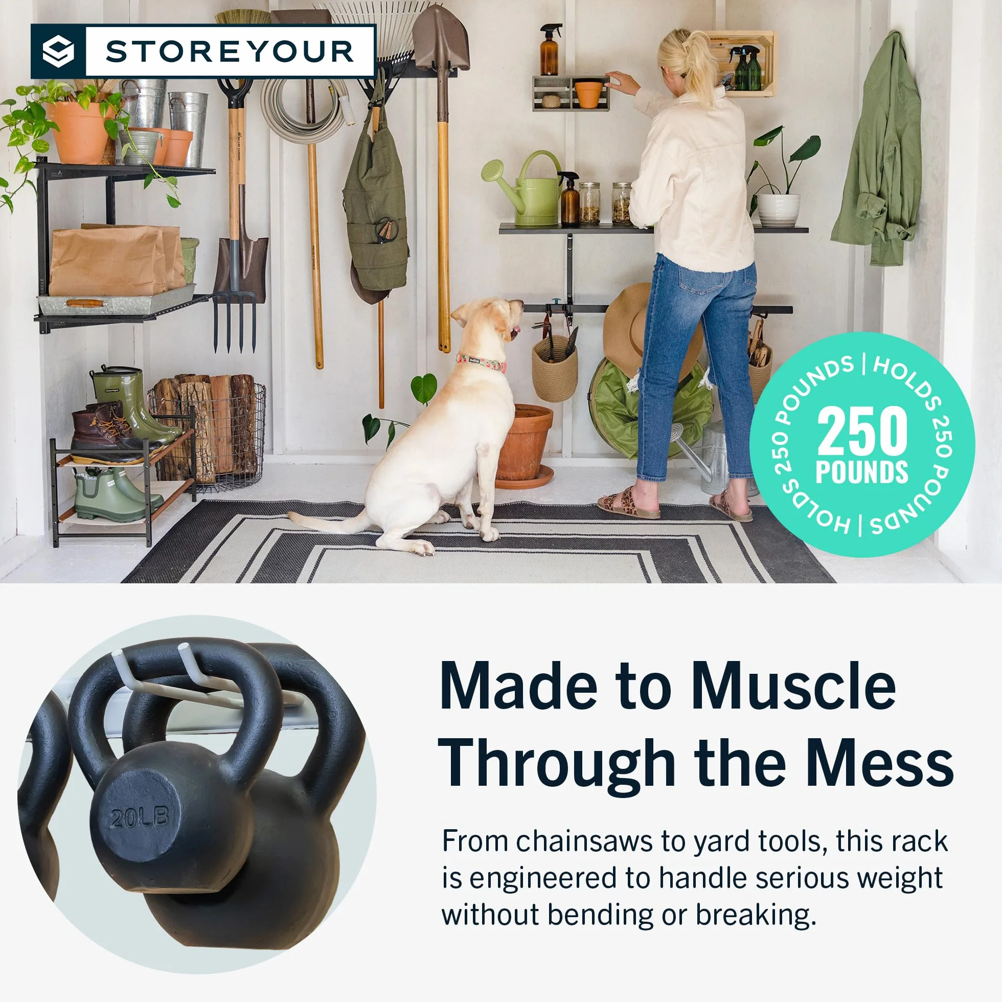 StoreYourBoard BLAT Garaż organizer na narzędzia ogrodowe, uchwyt ścienny, organizacja i przechowywanie garażu, wieszaki na łopaty i grabie, stojak na narzędzia, stal przemysłowa mieści 113 kg