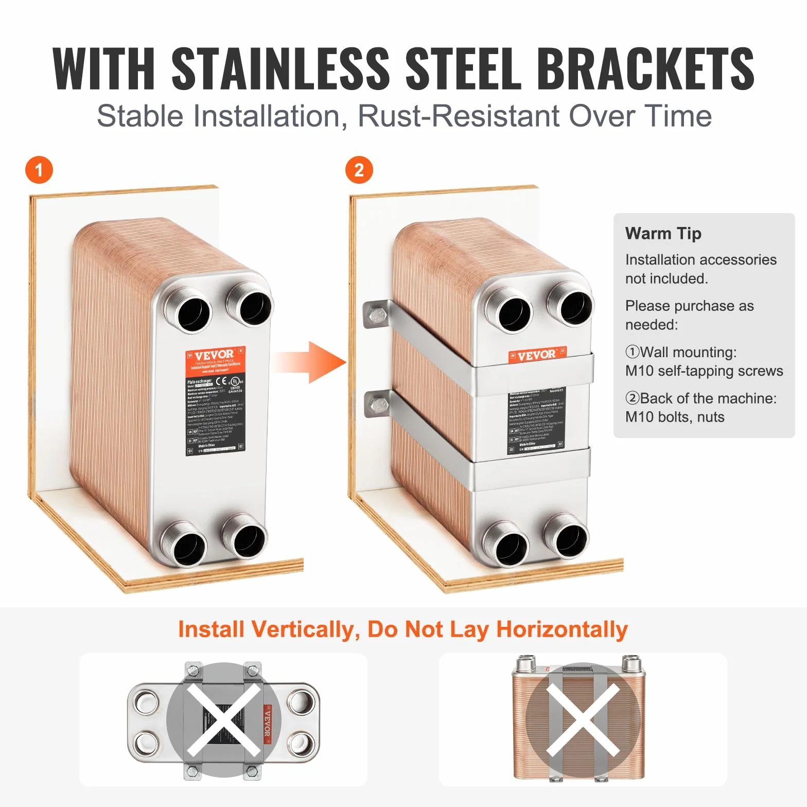 VEVOR Wymiennik ciepła, 12,7 cm x 30,5 cm, 100 płyt, lutowany wymiennik ciepła, miedź/stal nierdzewna 316L, wymiennik ciepła woda-woda do ogrzewania podłogowego, podgrzewania wody, topienia śniegu,