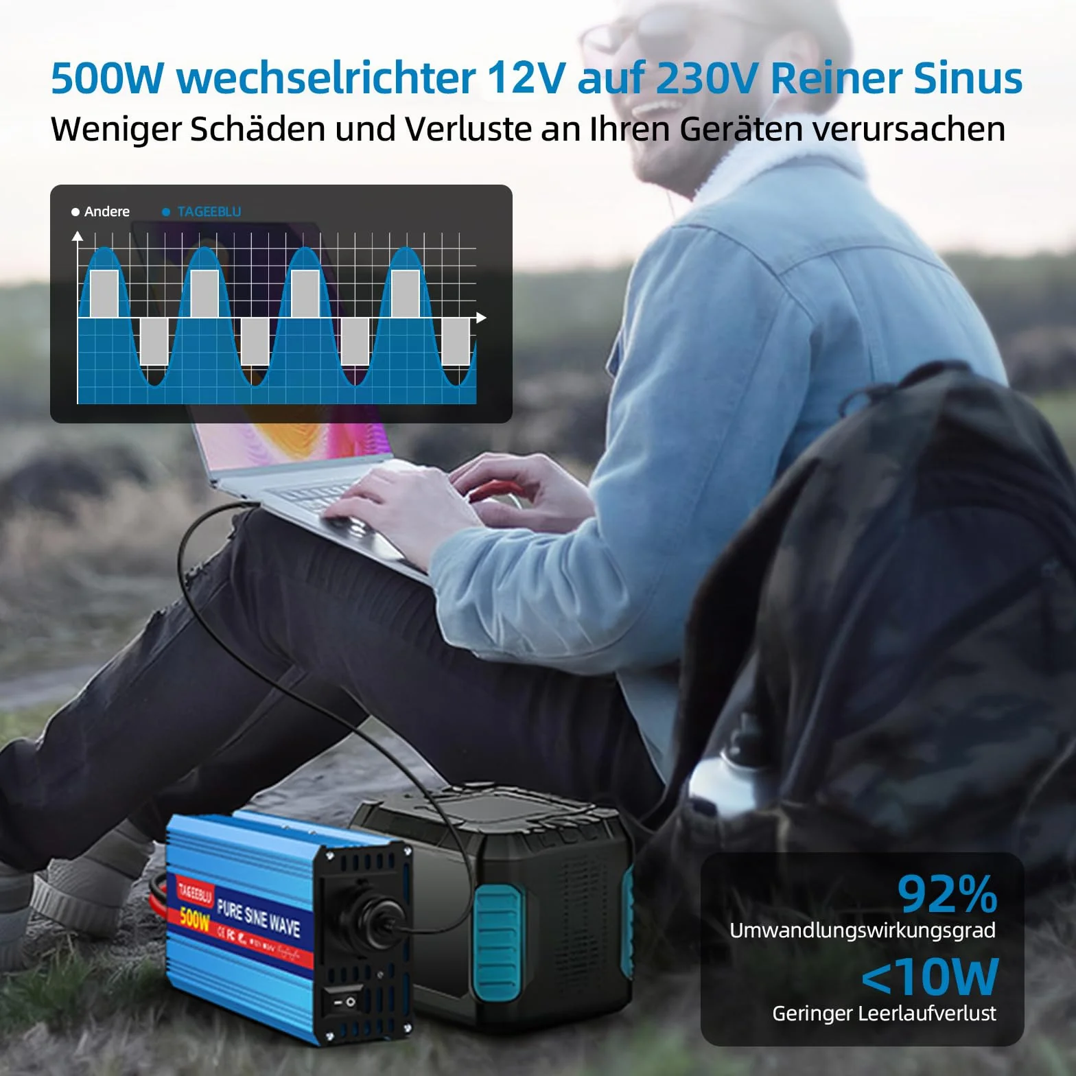 Falownik 500 W, 12 V na 230 V, czysty sinus, przetwornica napięcia 12 V 230 V, falownik do pojazdów z klipsem aligatorowym, gniazdkiem AC i ekranem LCD