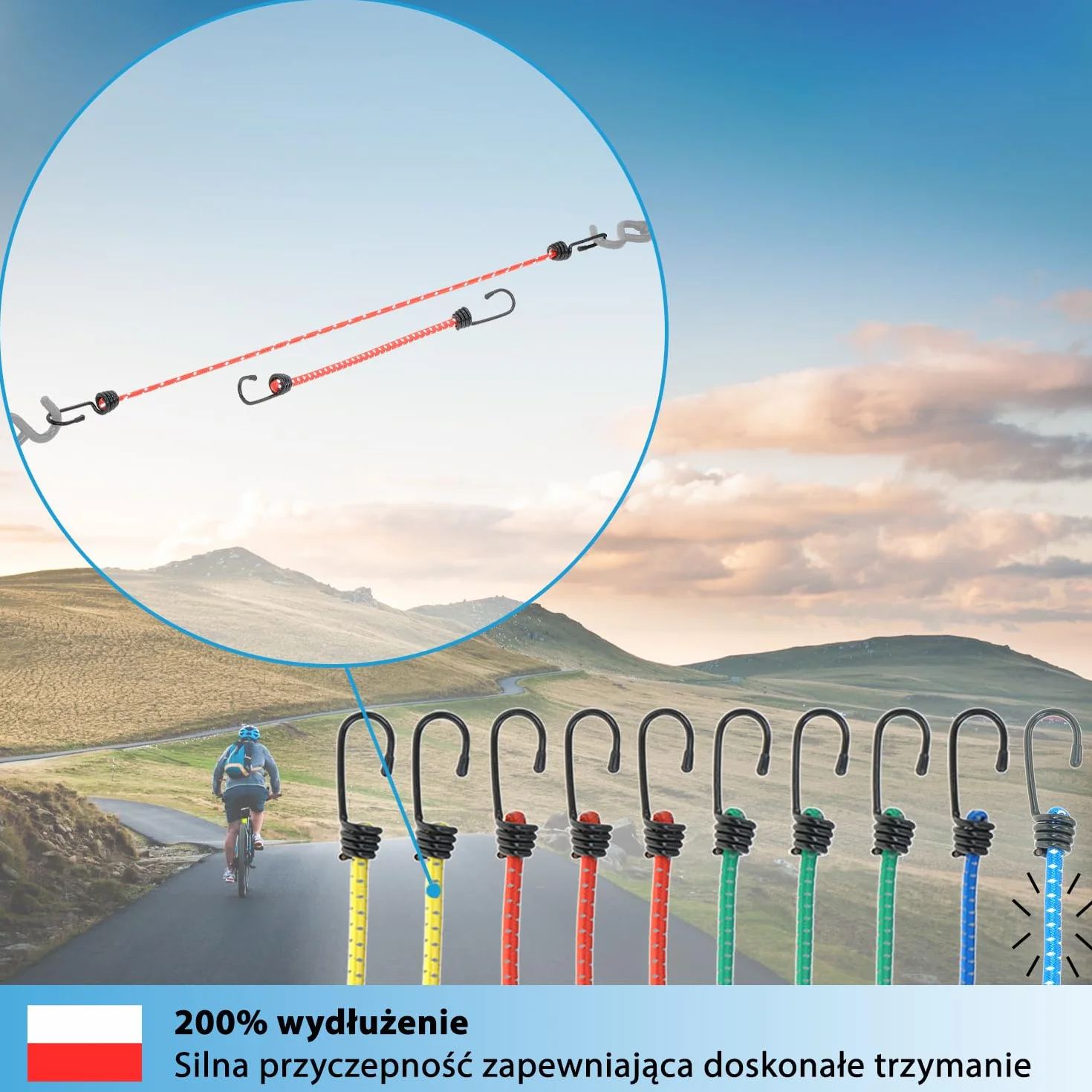 valonic KRAKEN - guma mocująca z hakami - odblaskowa, zestaw 10 sztuk, rozciągliwość 200% - ekspander, napinacz bagażowy do rowerów i bagażników, lina gumowa