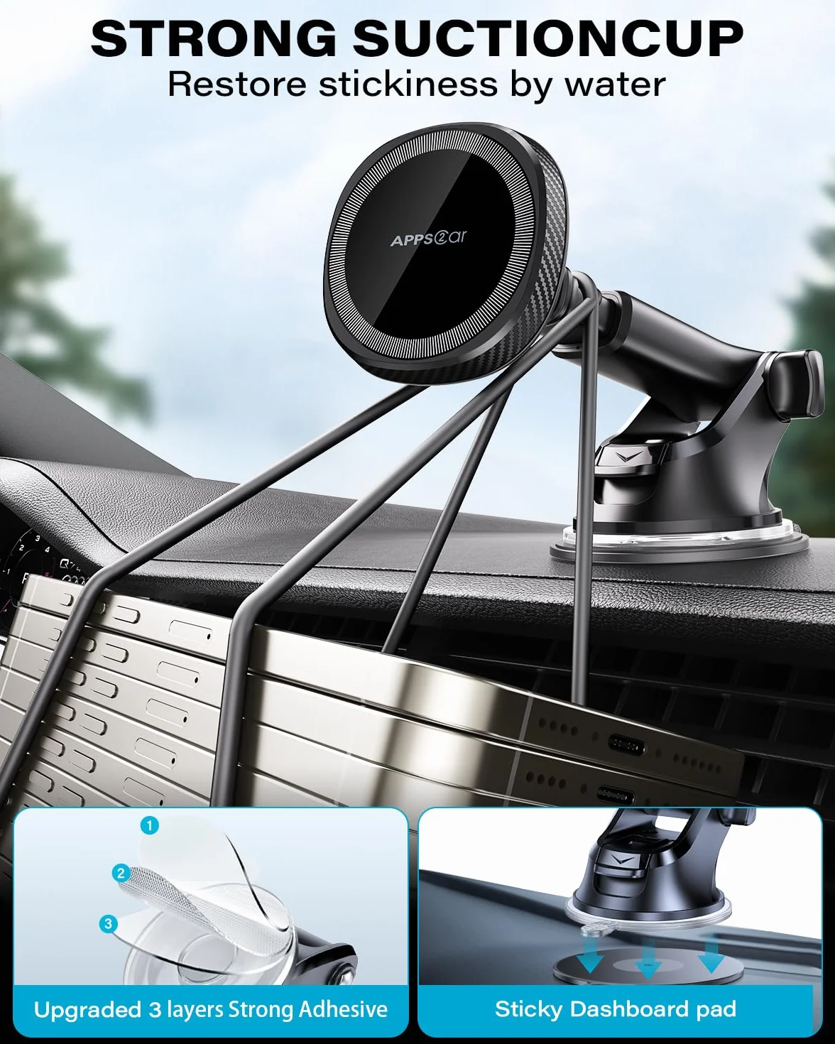 APPS2Car Mag-Safe magnetyczny uchwyt samochodowy na telefon do deski rozdzielczej kompatybilny iPhone 15 14 13 12 Pro Plus Max Mini 17 silnych magnesów