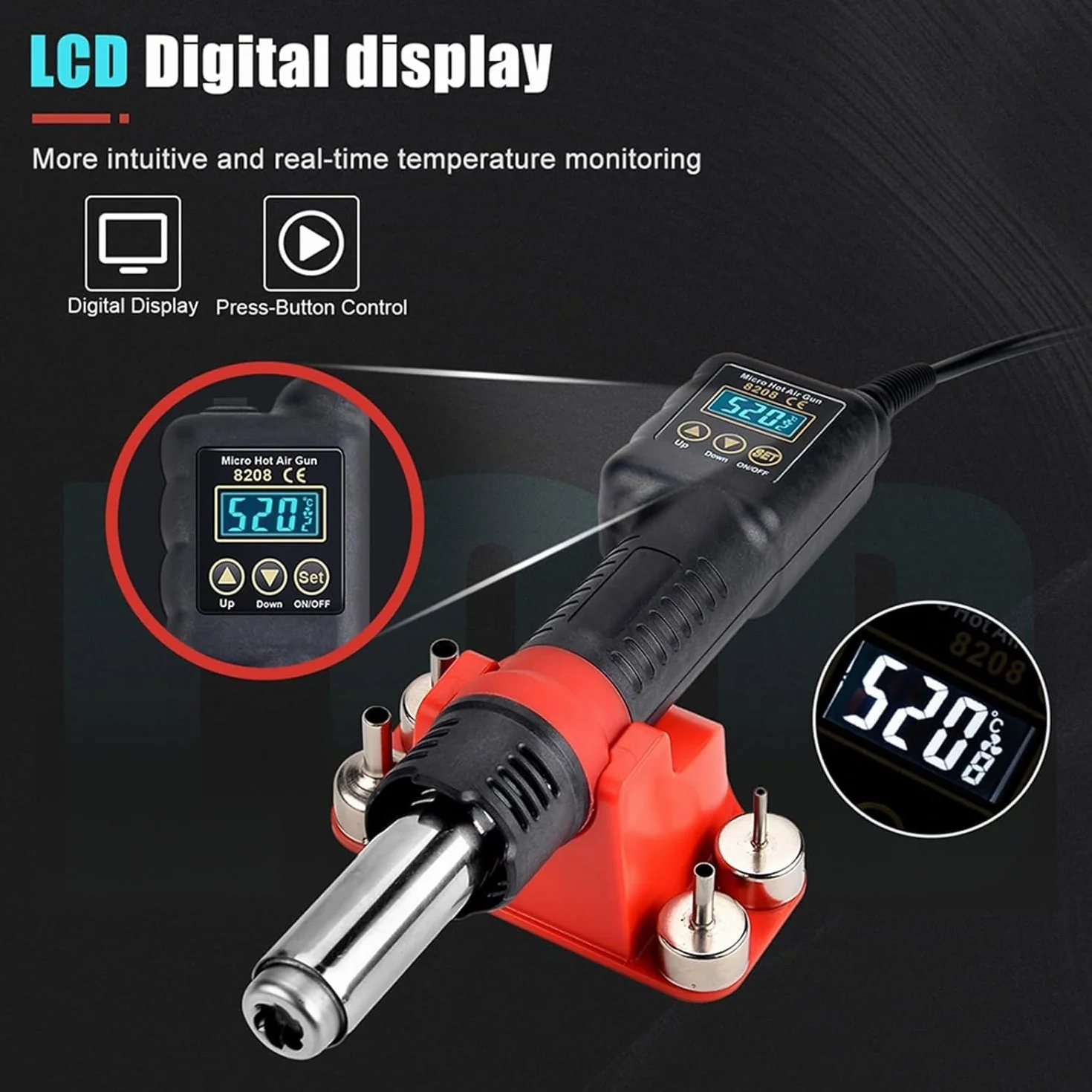 Stacja lutownicza na gorące powietrze 750 W z wyświetlaczem LCD, regulowana temperatura 100℃ - 520℃, objętość powietrza 120 l/min, narzędzie do lutowania i rozlutowywania do elektroniki