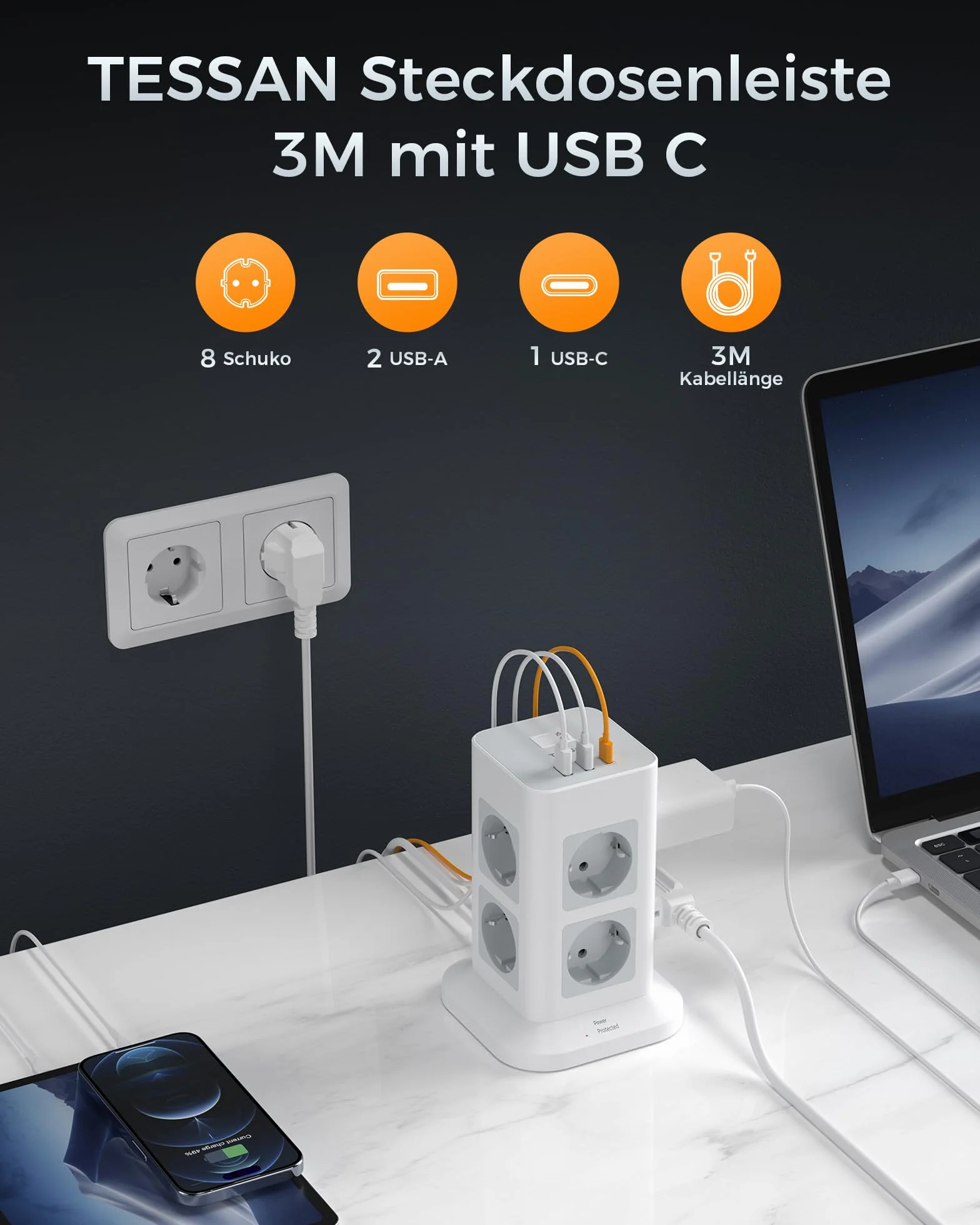 TESSAN Wieżowa listwa zasilająca z 8 gniazdami, przeciwprzepięciowe, 2 portami USB A i 1 USB C gniazdo wtykowe, listwa sieciowa z wyłącznikiem i przedłużaczm 3 metry, 3600W, szaro biały