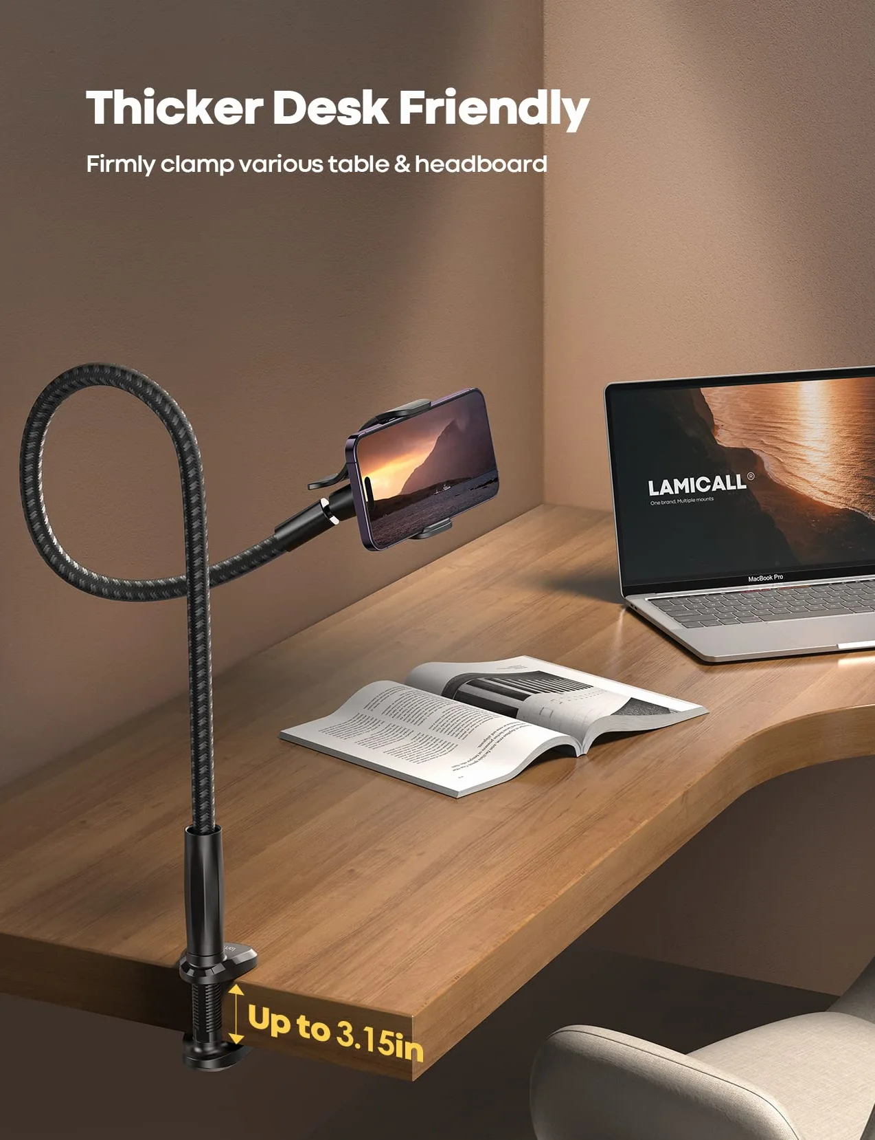 Lamicall stojak pod uchwyt do łóżka 38 cali elastyczna regulowana klamra montażowa dla iPhone 16 15 14 13 12 11 Pro Max Mini Plus Xs XR X telefon 4-7 cali Czarny