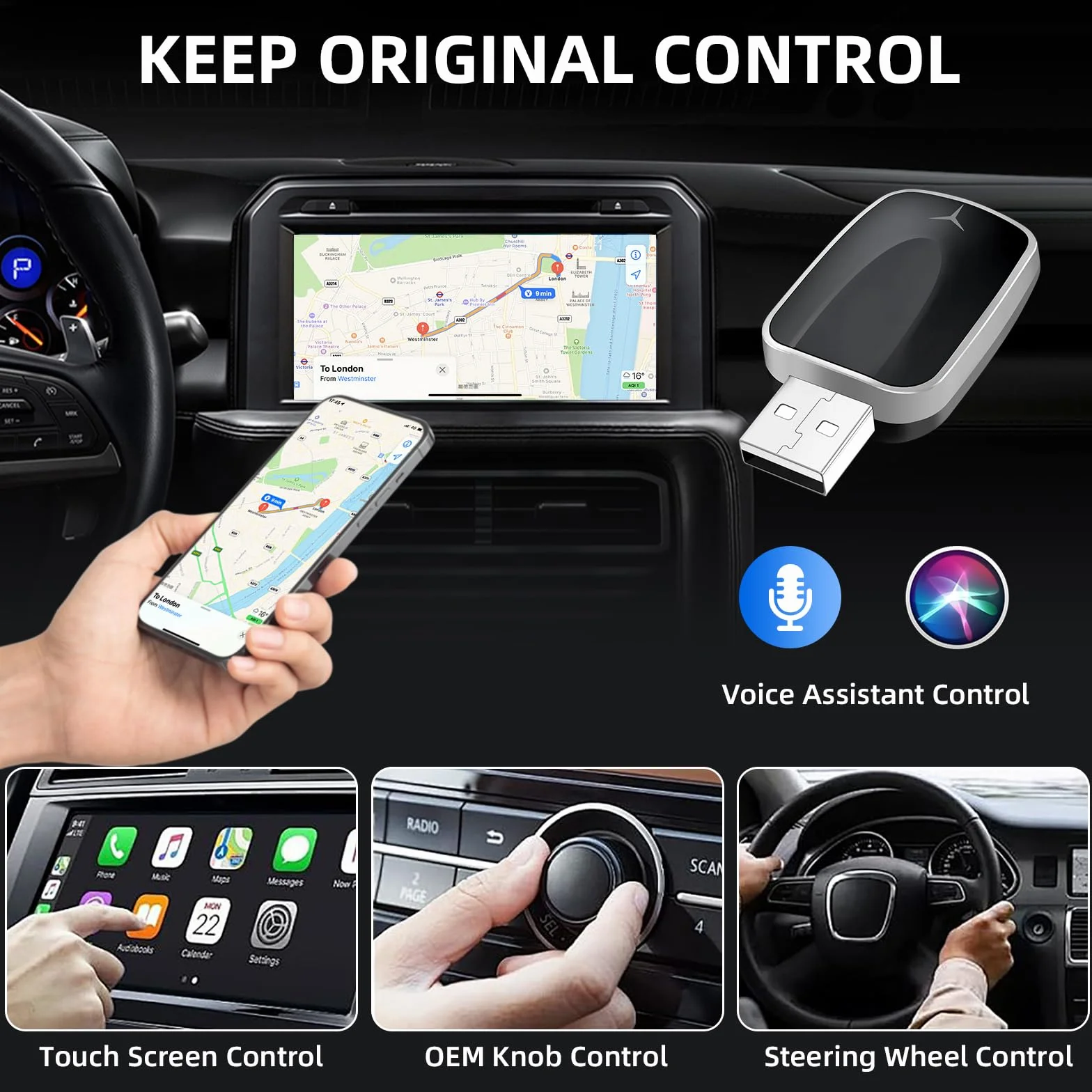 Bezprzewodowy adapter CarPlay Android Auto 2 w 1, Plug and Play, do samochodów z przewodowym CarPlay i Android Auto, obsługuje iOS 10+ i Android 11+ (jednokierunkowy Ende-075)