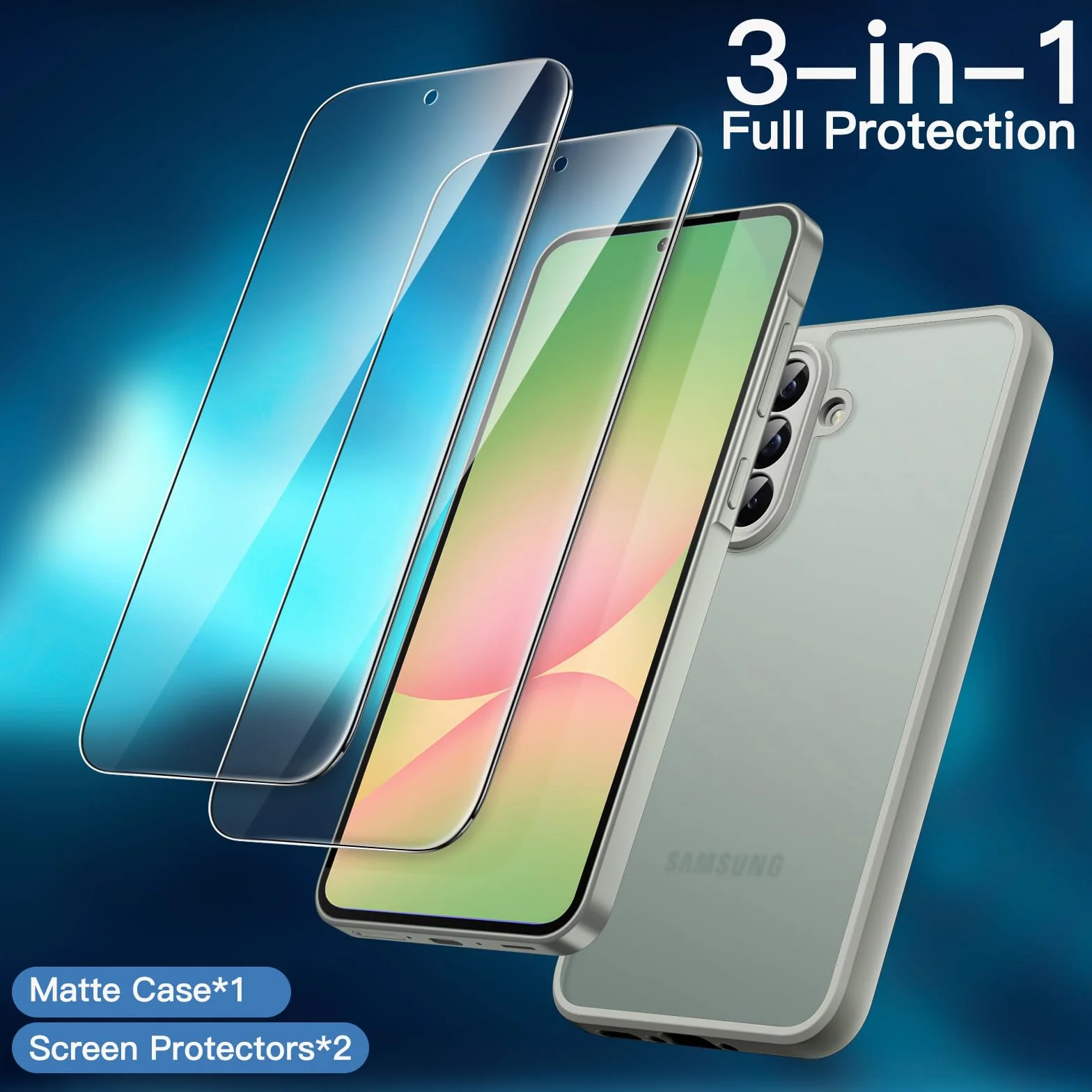 JETech 3 w 1 Matowe Etui do Samsung Galaxy A56 5G z Ochraniaczem Ekranu Szkło Hartowane, Przeświecający Oszroniony Osłona z Ochroną Aparatu (Oliwa)
