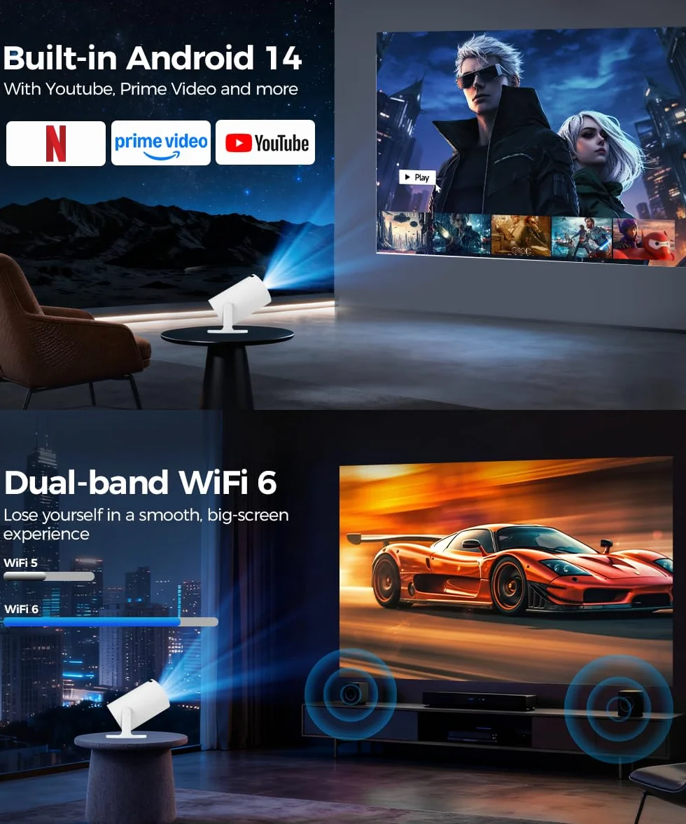 Mini Projektor 4K 5G WiFi 6 BT 5.4 Full HD 1080P 200ANSI Automatyczna Korekcja Trapezu Biały