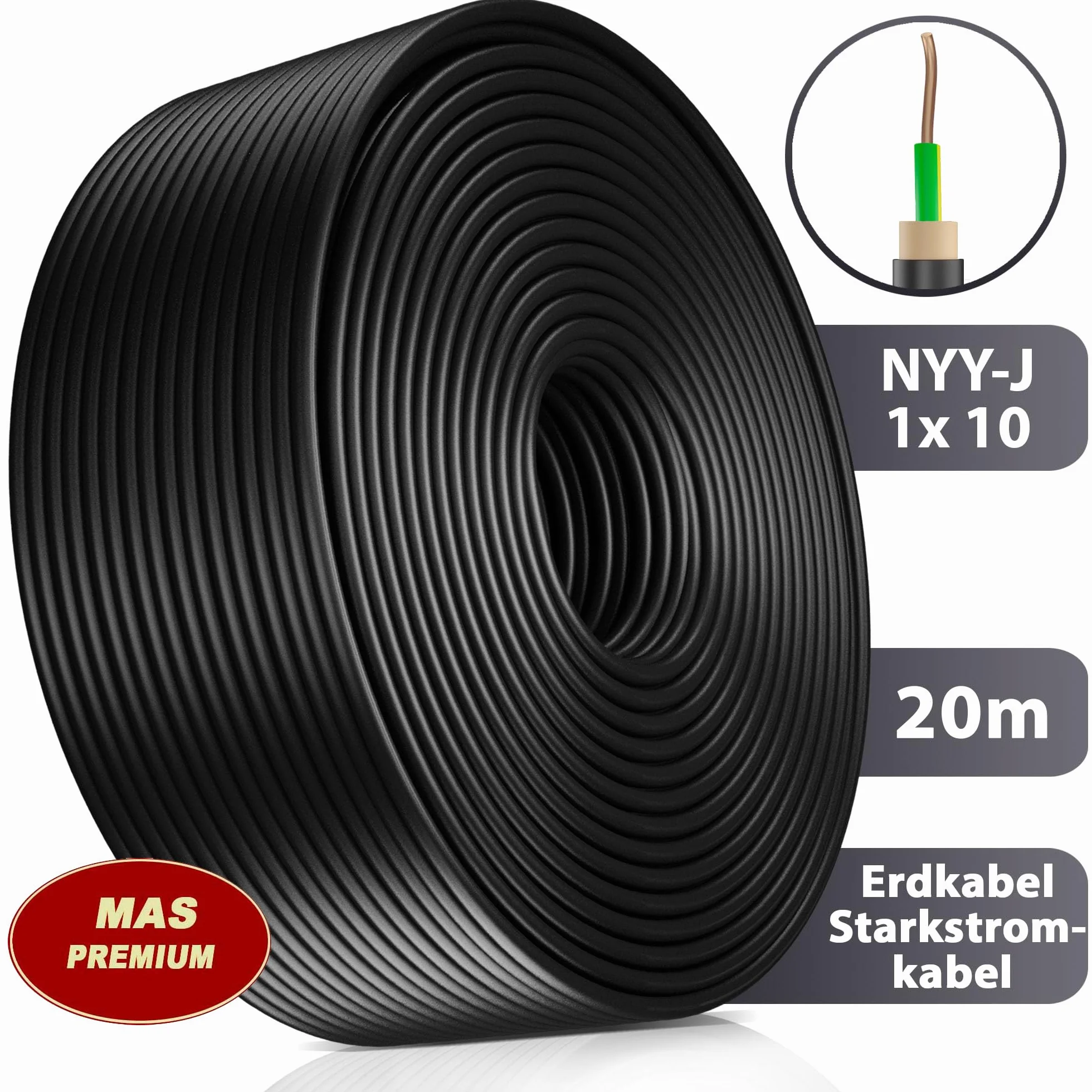 MAS Premium 5-100 m kabel ziemny NYY-J 1 x 4, 6, 10, 16 lub 25, kabel elektryczny OFC pierścień do układania na wolnym powietrzu, w ziemi (NYY-J 1 x 10 mm², 20 m)