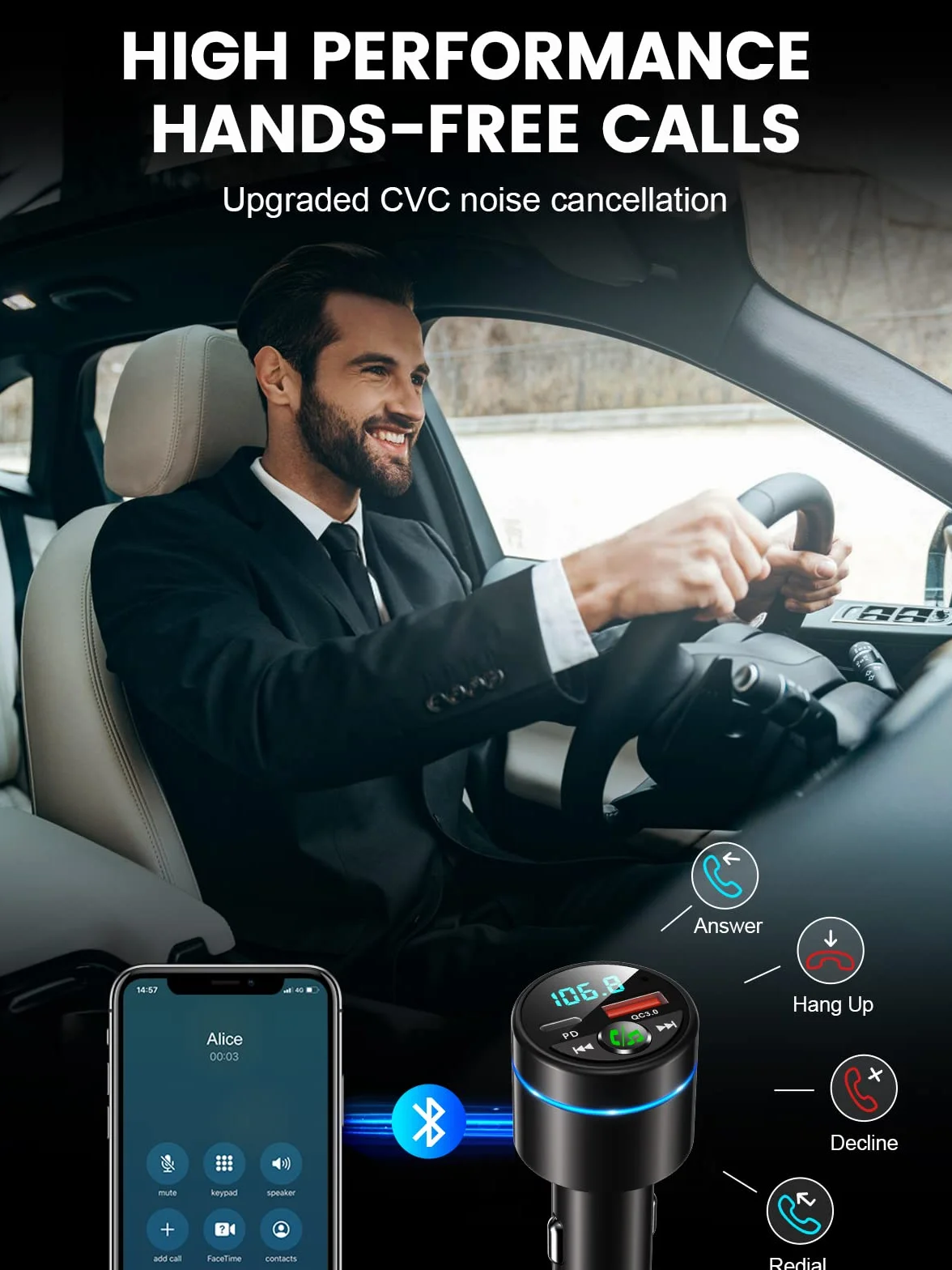 Mohard Nadajnik FM Bluetooth 5.3, całkowicie metalowy samochód Bluetooth, szybka ładowarka samochodowa PD 30 W typ C+ QC3.0, z redukcją szumów podczas rozmów w trybie głośnomówiącym, muzyka Hi-FI,