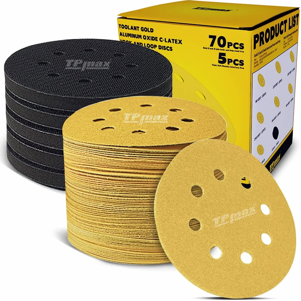 70 sztuk 125 mm 8 otworów ściernice zestaw 5 padów na rzep Soft Interface – okrągły papier ścierny premium do szlifierek mimośrodowych – ziarnistość mieszana 80, 120, 150, 240, 400, 600, 800