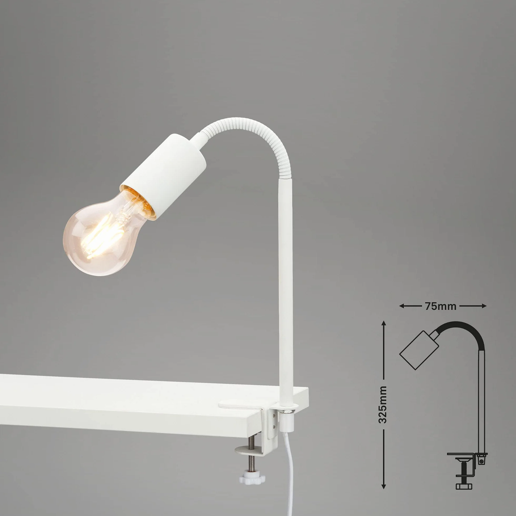 Briloner Leuchten - Lampa zaciskowa, lampa zaciskowa, 1x E27, maks. 10 W, w zestawie przełącznik kablowy, w zestawie elastyczne ramię, metal, biały, 477 mm