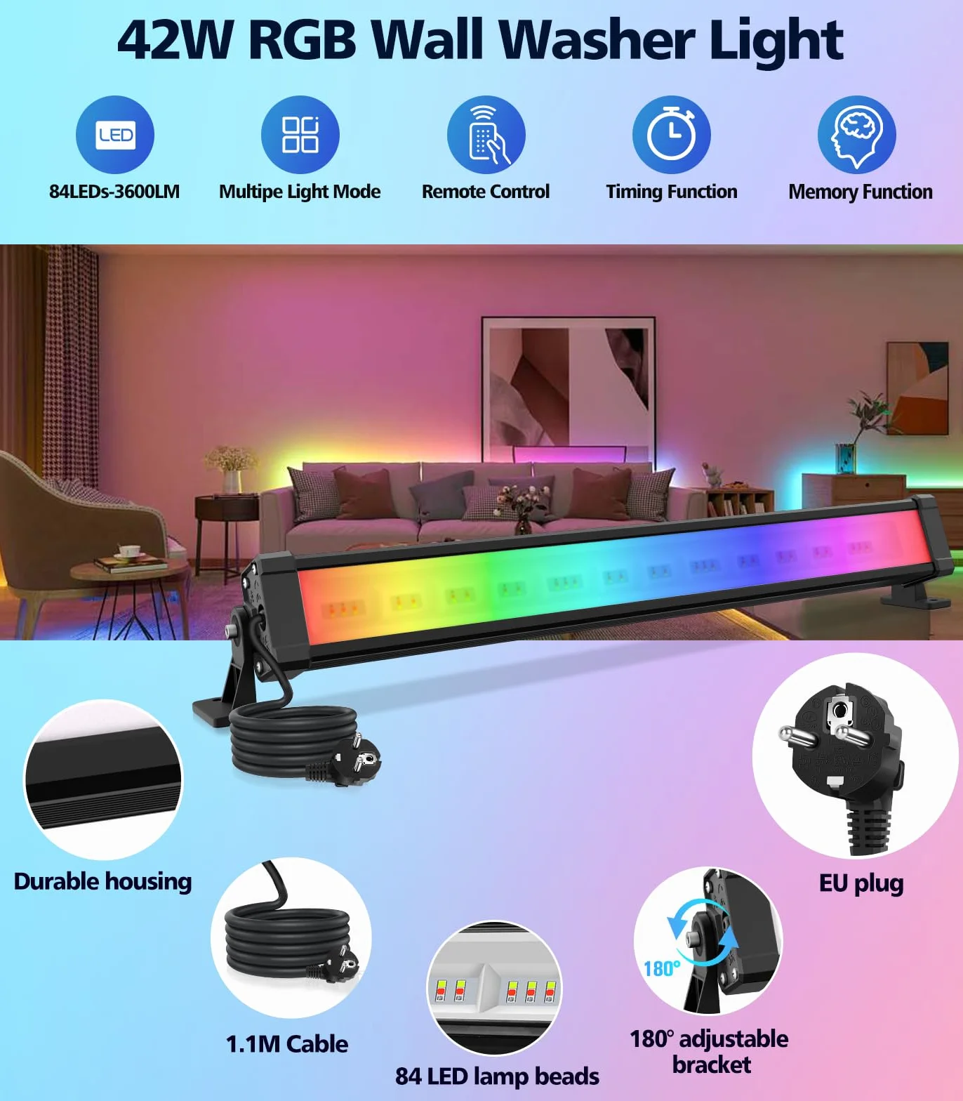 MEIHUA Reflektory Led RGB 42 W, zestaw 2 drążków LED, zmiana kolorów, IP66, wodoodporny, 10 kolorów i 12 trybów z jasnością i regulowaną prędkością, wielokolorowe oświetlenie, do użytku na zewnątrz,
