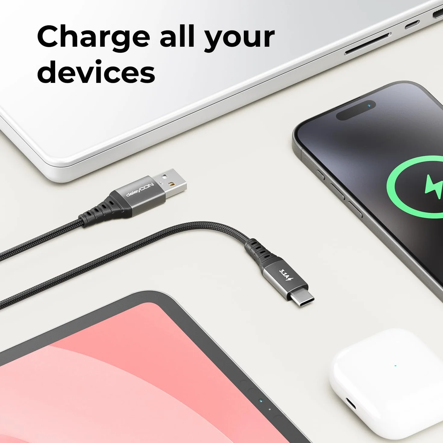 deleyCON Kabel USB-C 3,1A 1m USB-A do USB-C Ładowanie i Dane