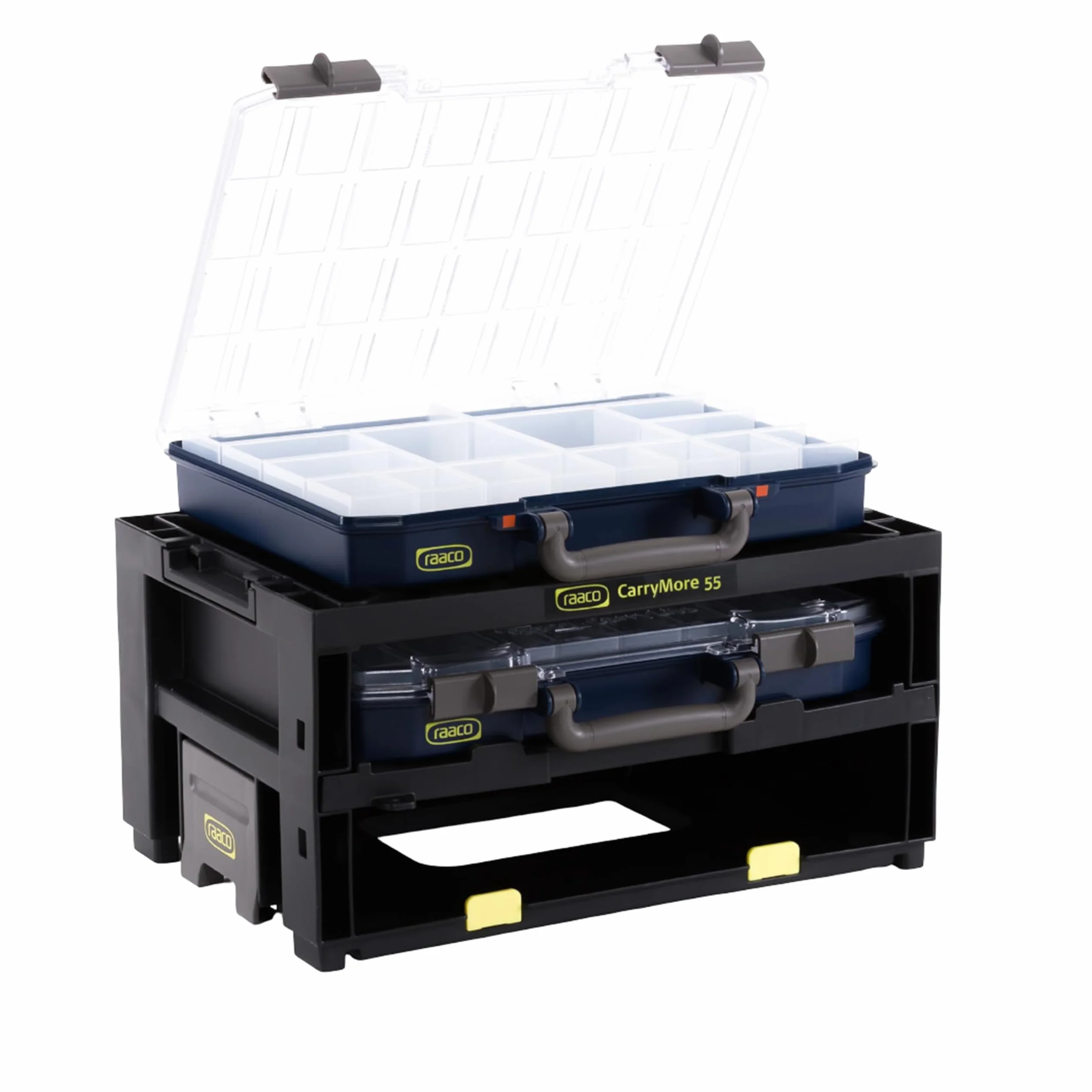 raaco CarryMore 55 x 2: lekka skrzynka asortymentowa do warsztatu, Kistenberg z 2 skrzynkami do sortowania małych części, nośność 25 kg, bezpieczny transport przechowywania, magazynek na małe części