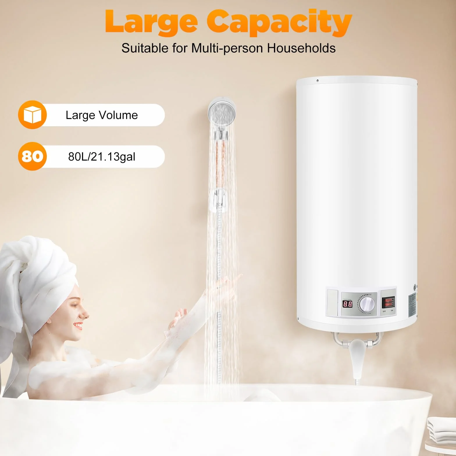 Elektryczny zbiornik ciepłej wody 220 V, bojler ciepłej wody, 2 kW, 80 l, kompletny prysznic, montaż ścienny, podgrzewacz wody, wydajny zbiornik, podgrzewacz wody, bojler, zbiornik ciepłej