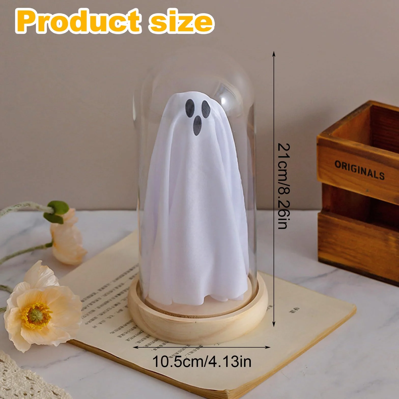 Joycabin Dekoracja na Halloween, świecący duch w szklanym dzwonku z drewnianą podstawą, lampka nocna na Halloween, dekoracja stołu, na imprezę