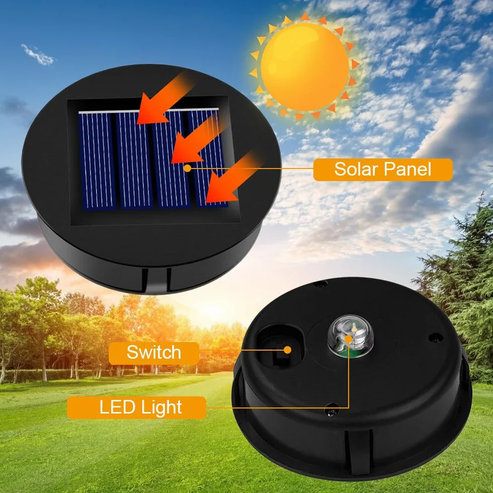 Części zamienne do latarni solarnych, XPJBKC 6 sztuk zamiennych pokryw do latarni solarnych 8 cm, zamienne górne części do latarni LED, zamienne moduły LED solarne, wodoodporne IP44, zamienny moduł