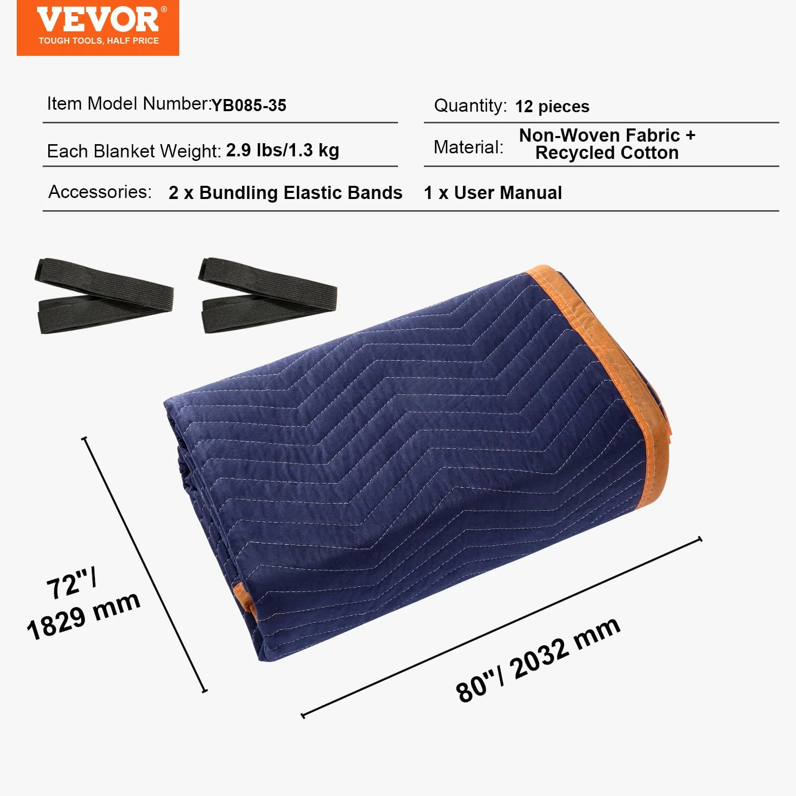 VEVOR Moving 12 203.2 cm x 183.9 cm (19.1 kg/dz Waga) Profesjonalne koce do pakowania włókniny i recyklingu bawełniane, niebieskie