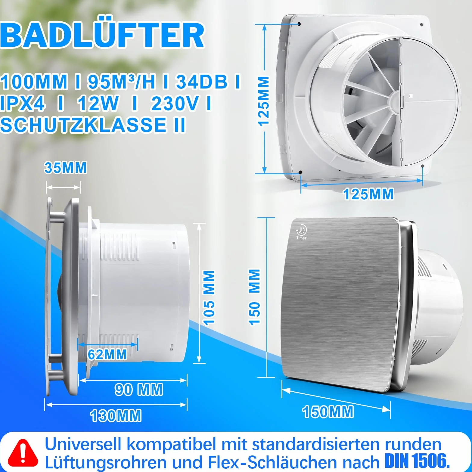 Wentylator łazienkowy 100 mm z wybiegiem, ≤ 34 dB, cichy i wydajny wentylator wyciągowy, 12 W, 2400 obr./m, IPX4, wentylator ścienny z zaworem zwrotnym, łatwy montaż na oknie, suficie, w łazience
