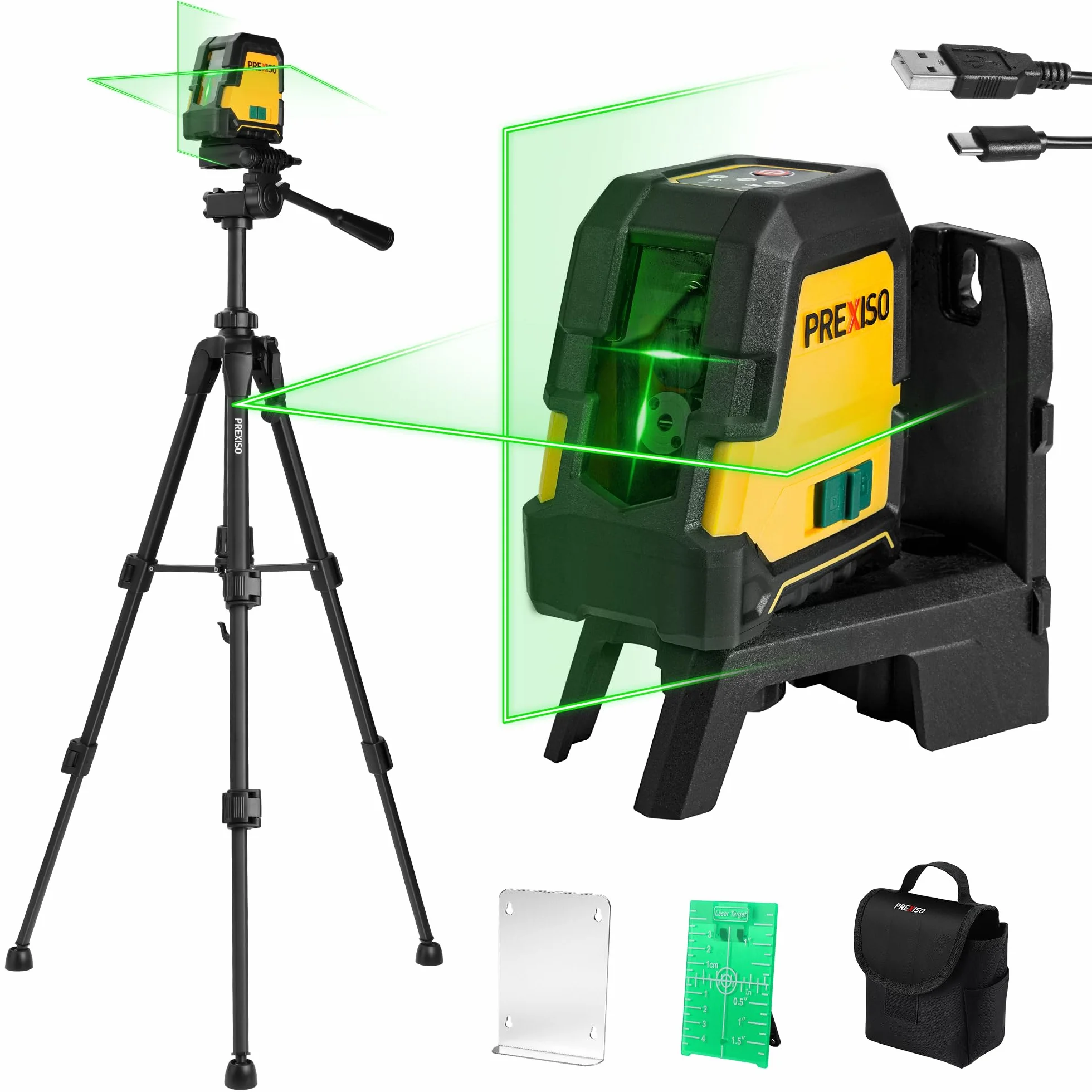 PREXISO Laser Krzyżowy z Statywem Zielony 30 m, Samopoziomujący Laser Liniowy z Podwójnym Modułem Laserowym, z Uchwyt Magnesowy i Statyw, Ładowanie USB, do Budowy i Układania Płytek