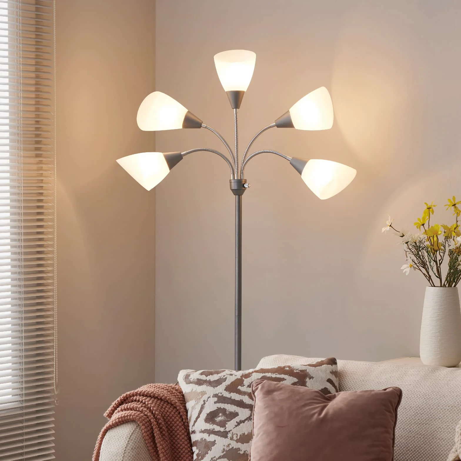 HonoDing Meduza Lampy Podłogowe Lampy Podłogowe 5 Głowic Regulowana Lampka do czytania Duży Klosz Wykorzystuje Lampy Podłogowe E26 Żarówka A19 Do Salonu Sypialni (Srebrny)