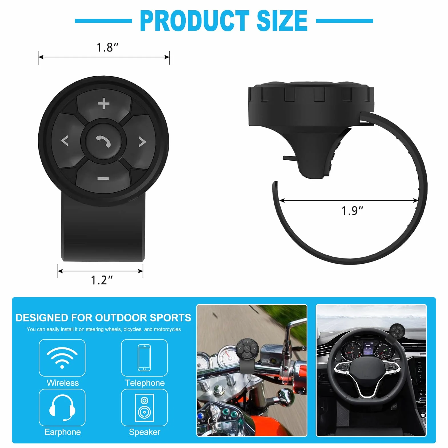 VOBOR Przycisk multimedialny Bluetooth, bezprzewodowy pilot zdalnego sterowania Bluetooth, wodoodporny pasek IP67, kontroler telefonu do motocykla, roweru samochodowego