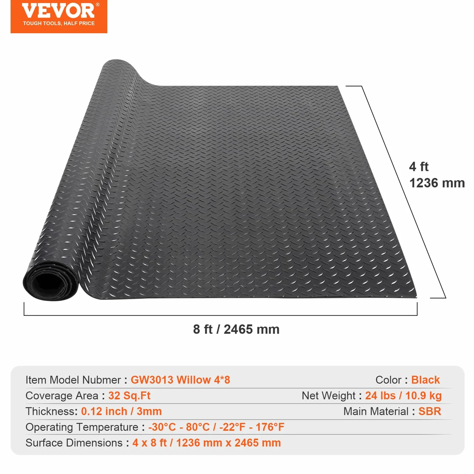 VEVOR Gumowa mata podłogowa z diamentową płytą, 3 mm x 1,2 m x 2,4 m, gumowa mata podłogowa SBR, łatwa do czyszczenia, gumowa mata diamentowa do samochodów, garażu, siłowni, czarna