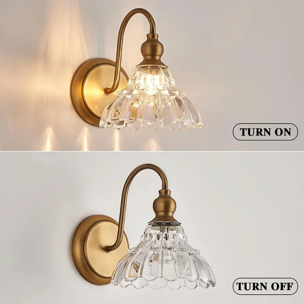 Lampa ścienna w stylu vintage, 17 cm, klosz ze szczotkowanego mosiądzu i szkła kryształowego, do łazienki, sypialni, salonu i jadalni