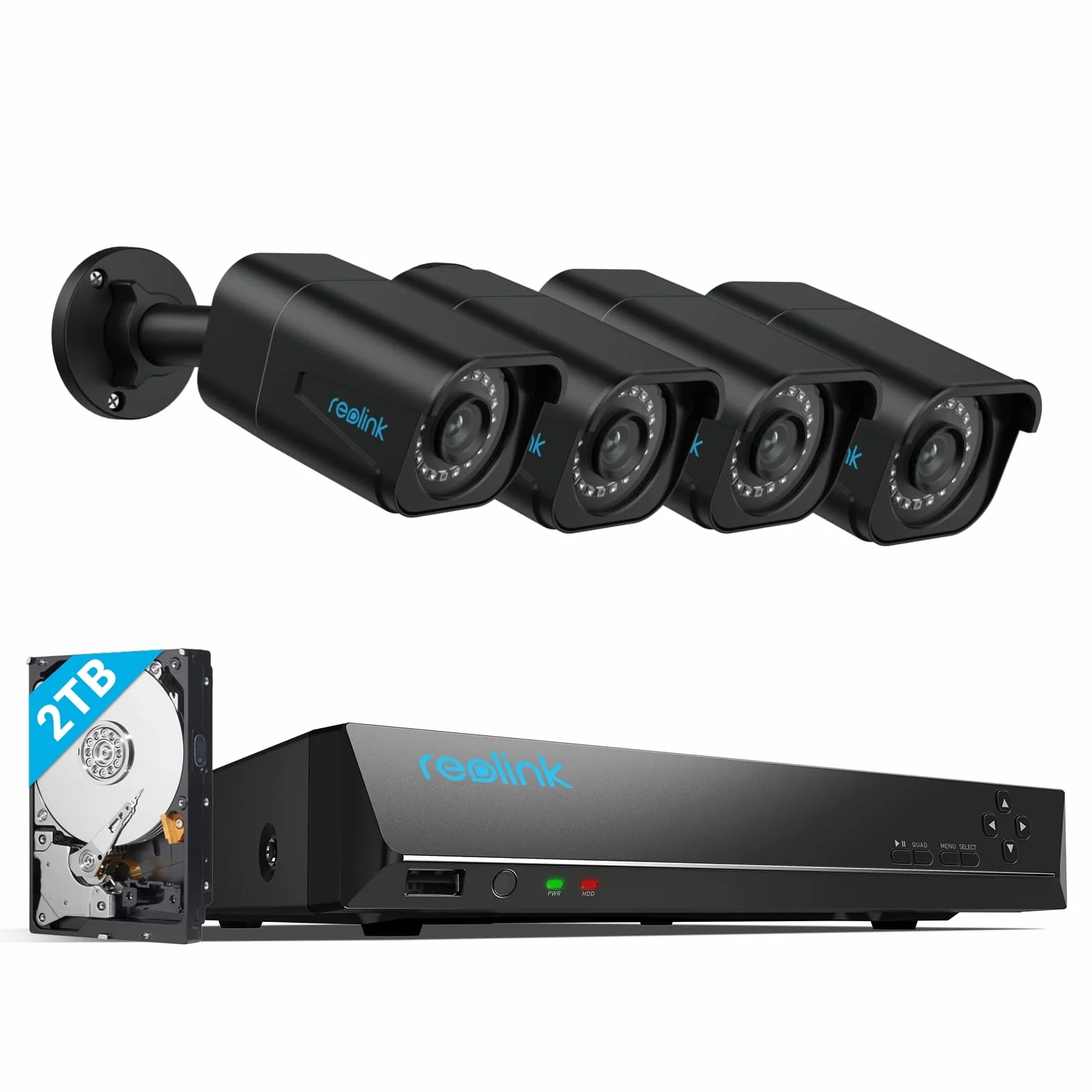 Reolink System kamer monitoringu 4K PoE, 4 szt. Wykrywanie osób/pojazdów 8MP zewnętrzne kamery CCTV IP PoE NVR 8-kanałów z HDD 2 TB do nagrywania 24/7, Noktowizja, Audio, RLK8-800B4-A Czarny