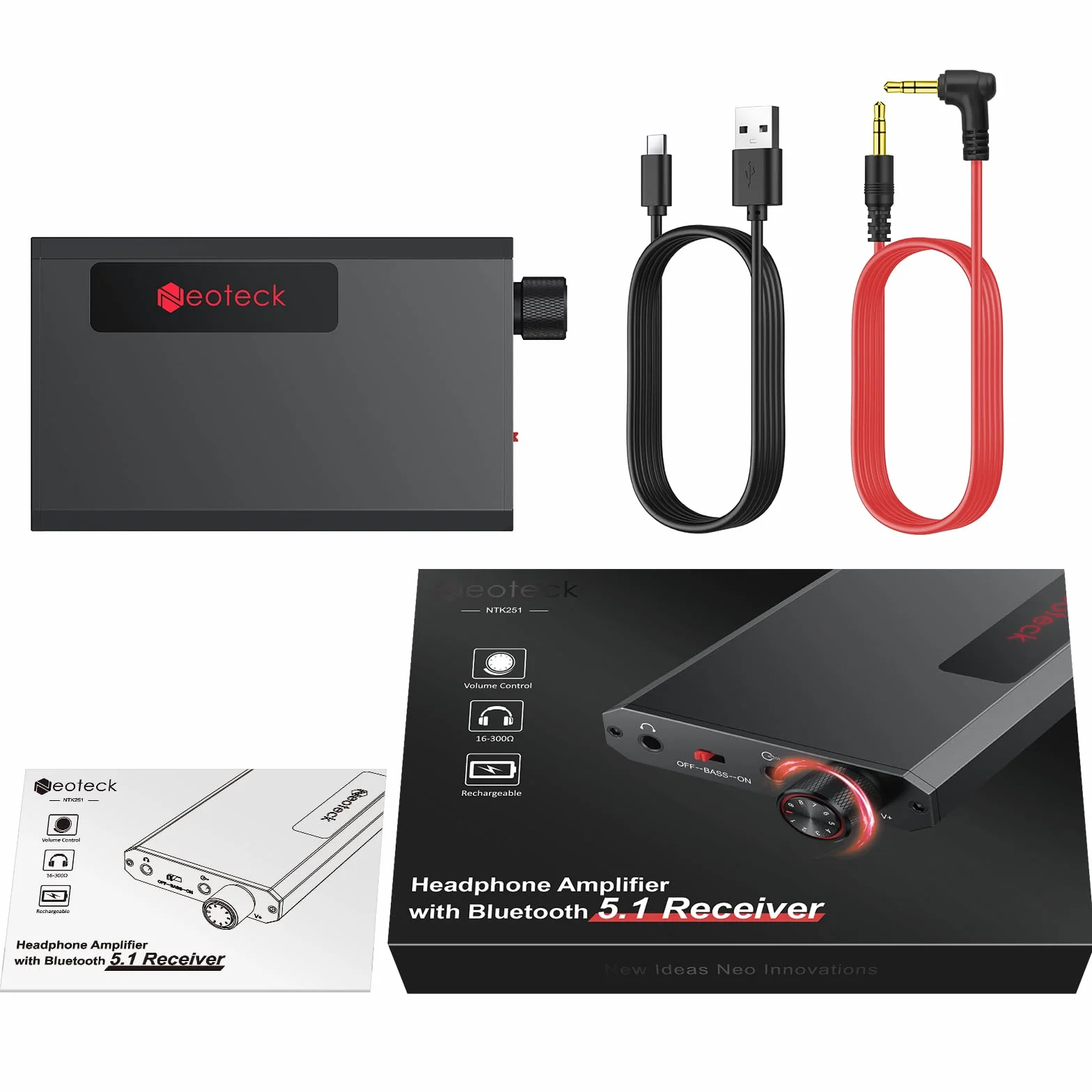 Neoteck Przenośny wzmacniacz słuchawkowy z odbiornikiem Bluetooth 5.1, kompatybilność ze słuchawkami 16-300 Ω, wzmacniacz słuchawkowy Bass Boost do telefonów MP3 MP4 i komputerów