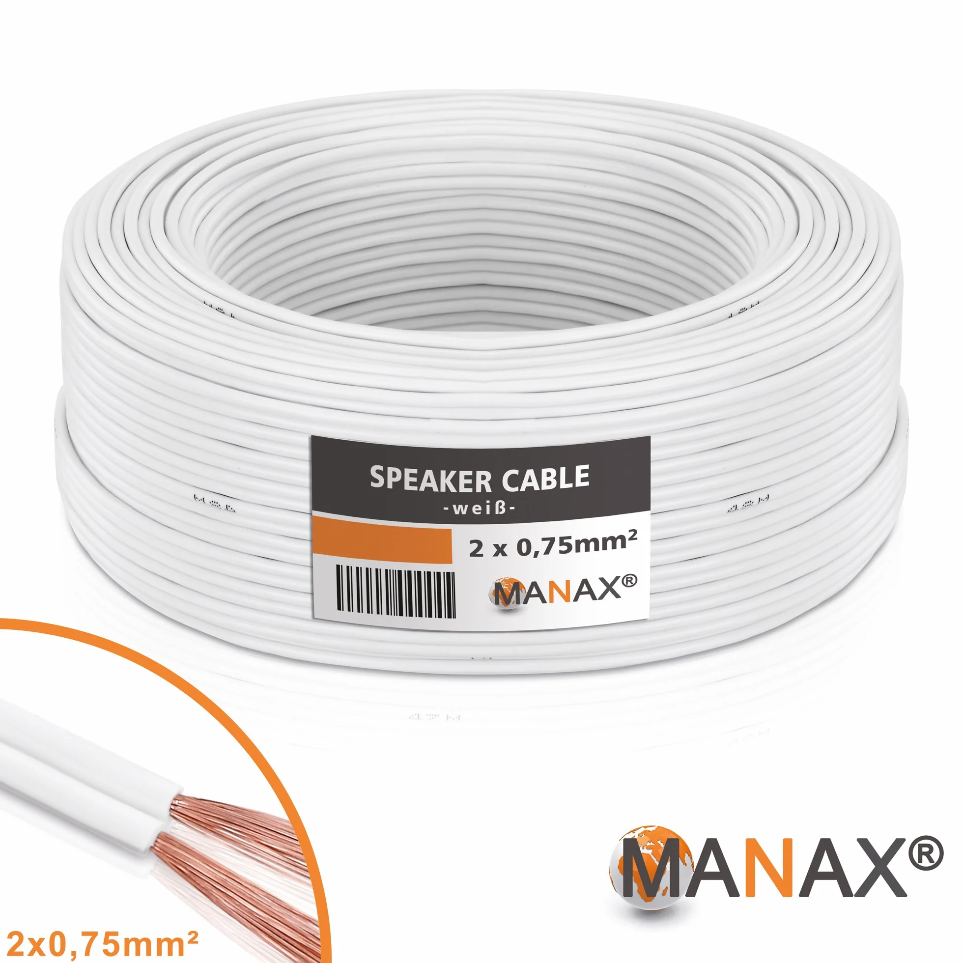 MANAX® Przewód podwójny 25 m, 2 x 0,75 mm², biały kabel 2-żyłowy (25 m 0,75 mm² - 1 pierścień, biały)