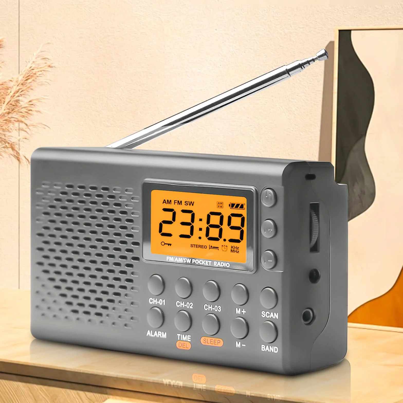 Przenośne radio AM FM SW z wyświetlaczem LCD, małe radio walizkowe, 35 ustawień wstępnych