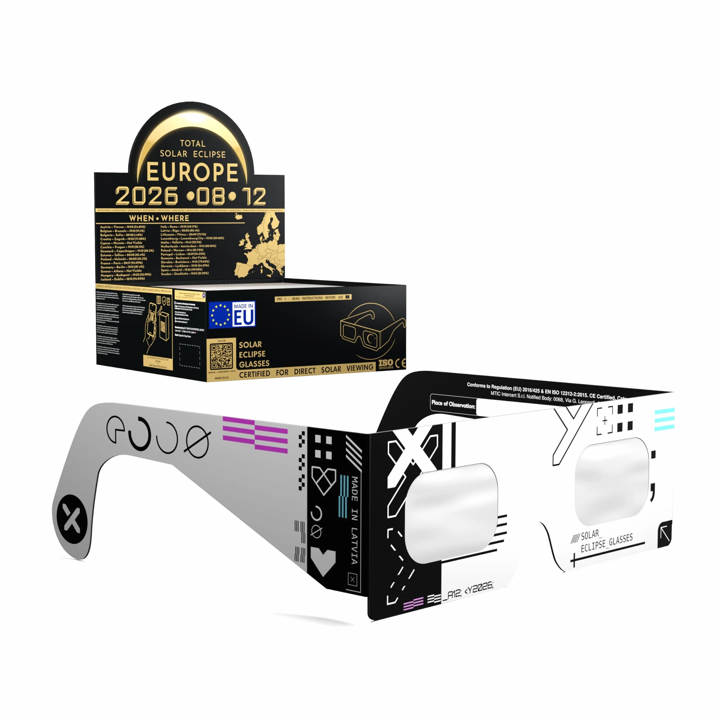 Absolute Eclipse Szyfr Okulary do zaćmienia Słońca Luzem Sprzedaż hurtowa - Testowane przez ISO 12312-2 i certyfikat CE - zalecany przez AAS producent UE - 2026 Eclipse Europe