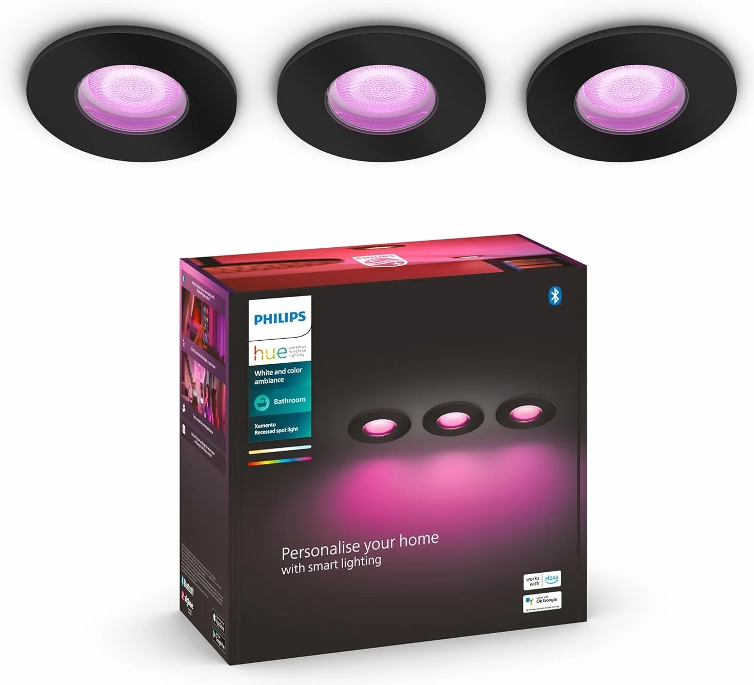 Philips Hue White and color ambiance Reflektor łazienkowy wpuszczany Xamaneto 3x5.7W (czarny), IP44, 16 mln kolorów, przyciemnianie, inteligentne oświetlenie
