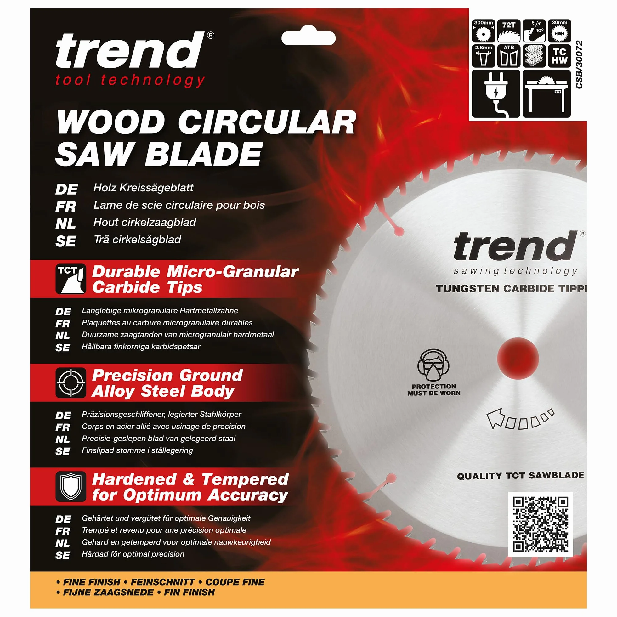 Trend Tarcza TCT do drewna 300 mm, 72 zęby, otwór 30 mm | Precyzyjnie szlifowane ostrza TCT; 72 zęby, cięcie 2,8 mm, +10° haczyk, węglik wolframu, CSB/30072