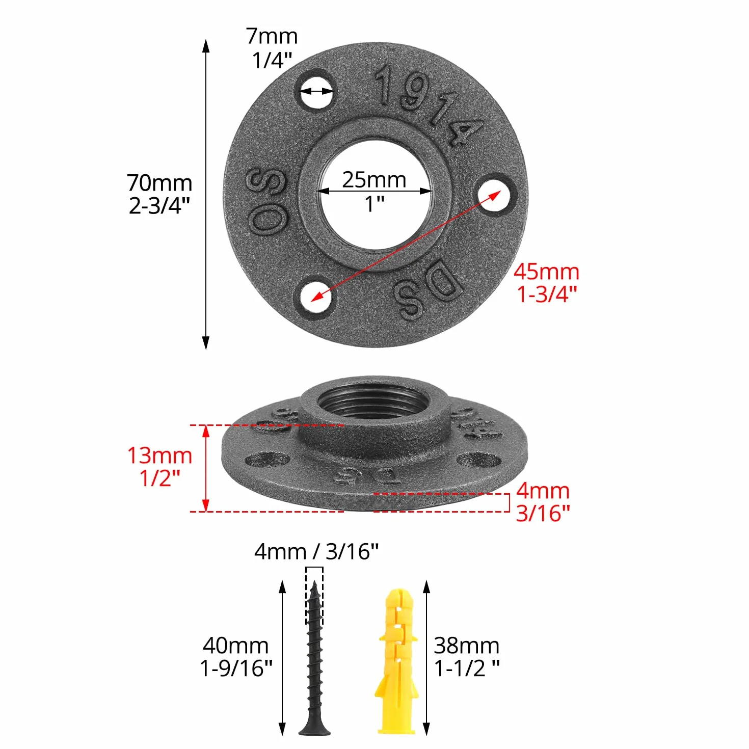 QWORK® 10 sztuk kołnierzy gwintowanych 3/4'' BSP z 3 otworami, z żeliwa ciągliwego, do samodzielnego wykonania, styl vintage, ze śrubami