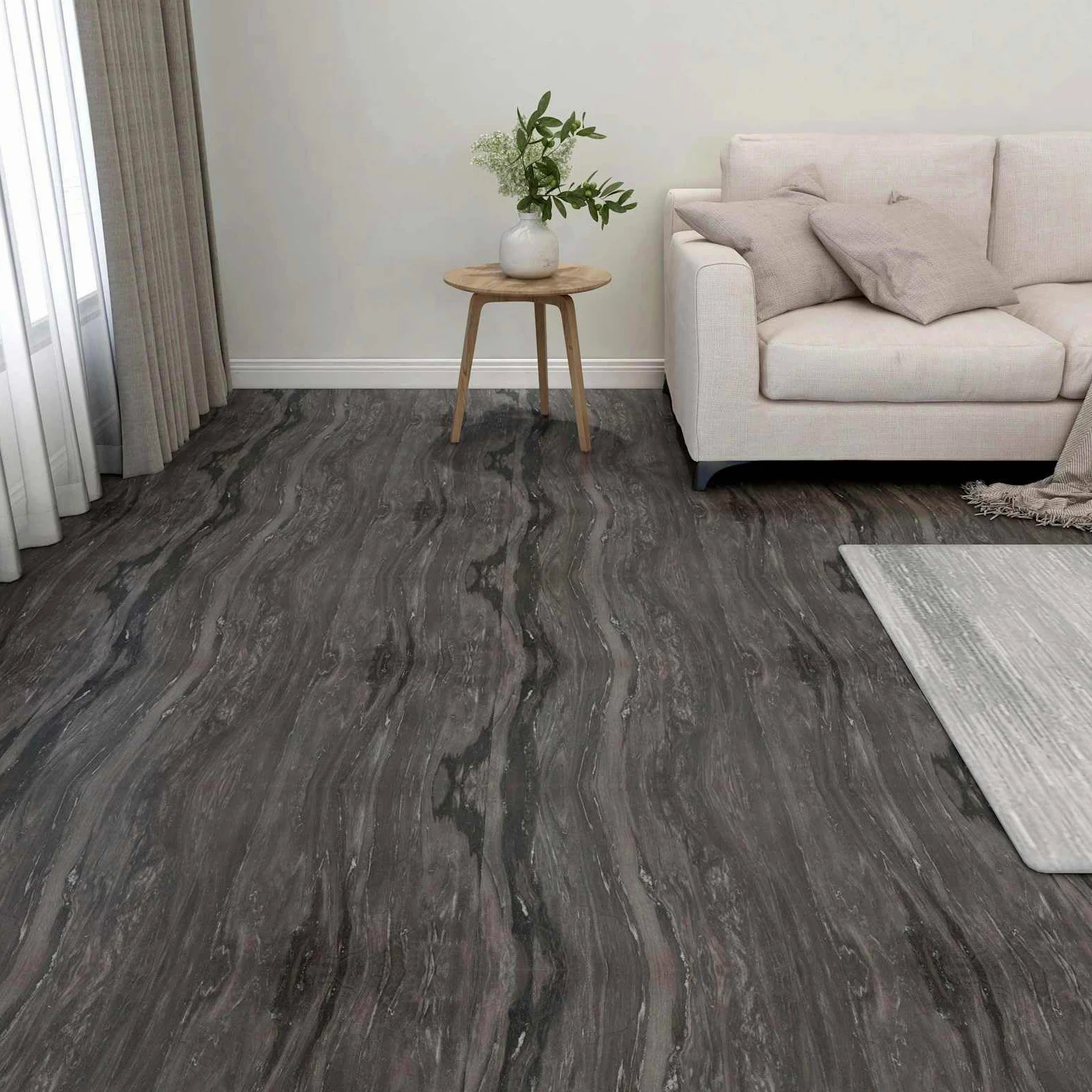 Deski podłogowe, 55 sztuk, ciemnoszare, PCW, 5,11 m², samoprzylepny, laminat, winyl, do salonu, sypialni, kuchni, korytarza, z izolacją akustyczną i łatwym układaniem