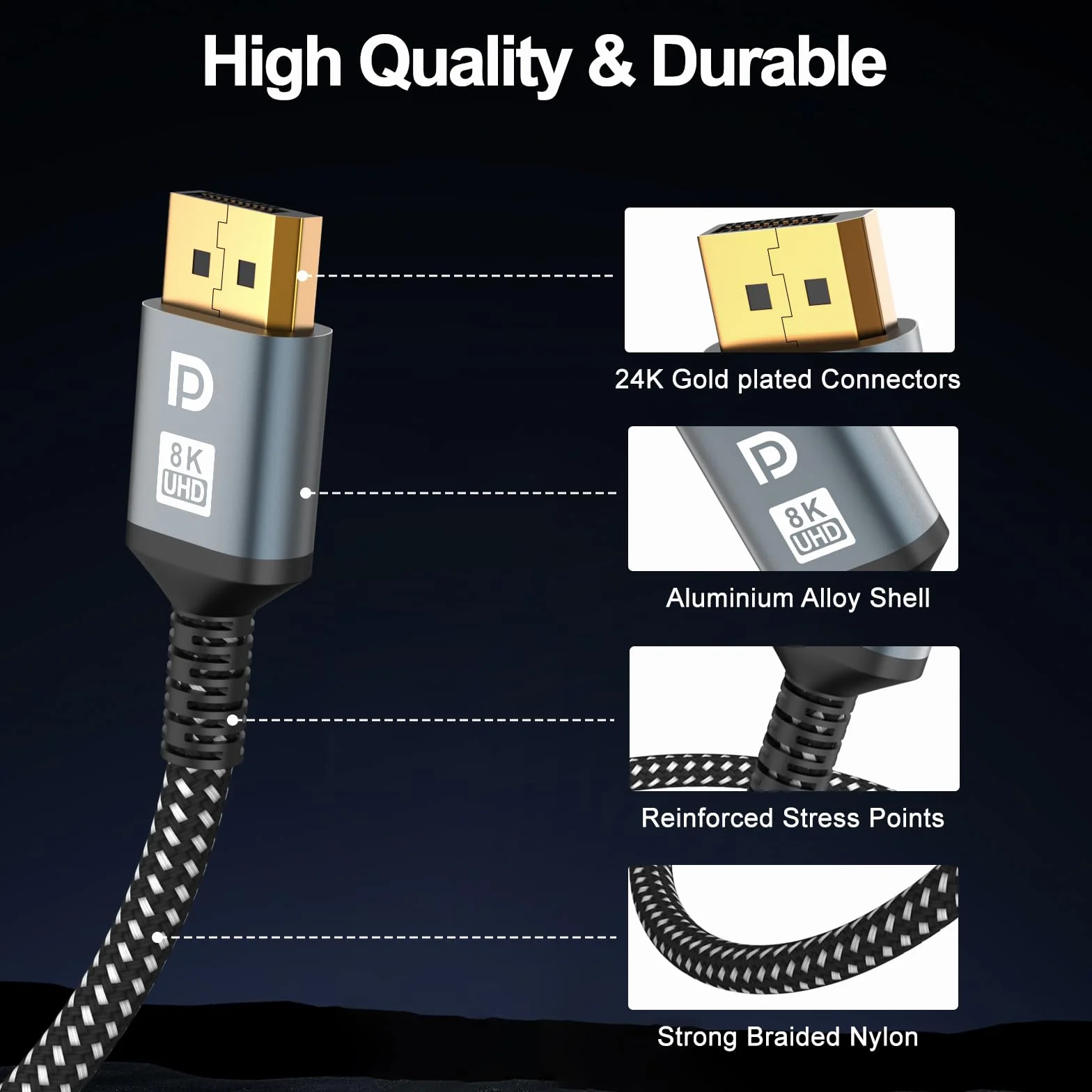 Kabel DisplayPort 16K 2 m 4K 240 Hz 40 Gb/s pozłacany DP do DP HDR HDCP FreeSync G-Sync