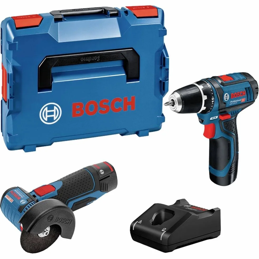 Bosch Professional Combo Kit GSR 12V-15 + GWS 12V-76 (w zestawie 2 x akumulator 2,0 Ah, ładowarka GAL 12 V-40, w L-BOXX)