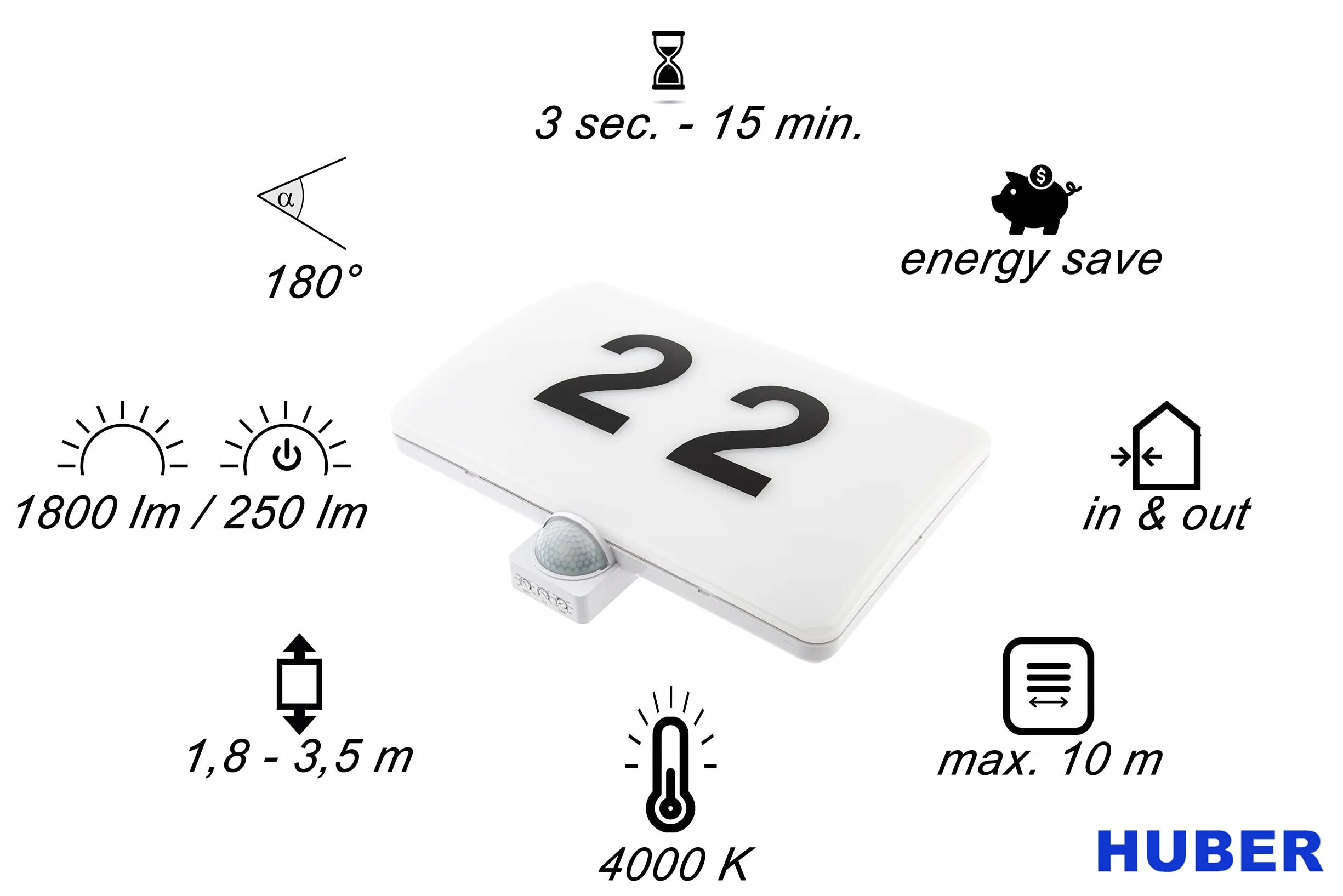HUBER Lampa z numerem domu z czujnikiem ruchu 180° 20 W, 1800 lm – lampka nocna 4 W 250 lm, ograniczenie obszaru, montaż ścienny, IP54, biała