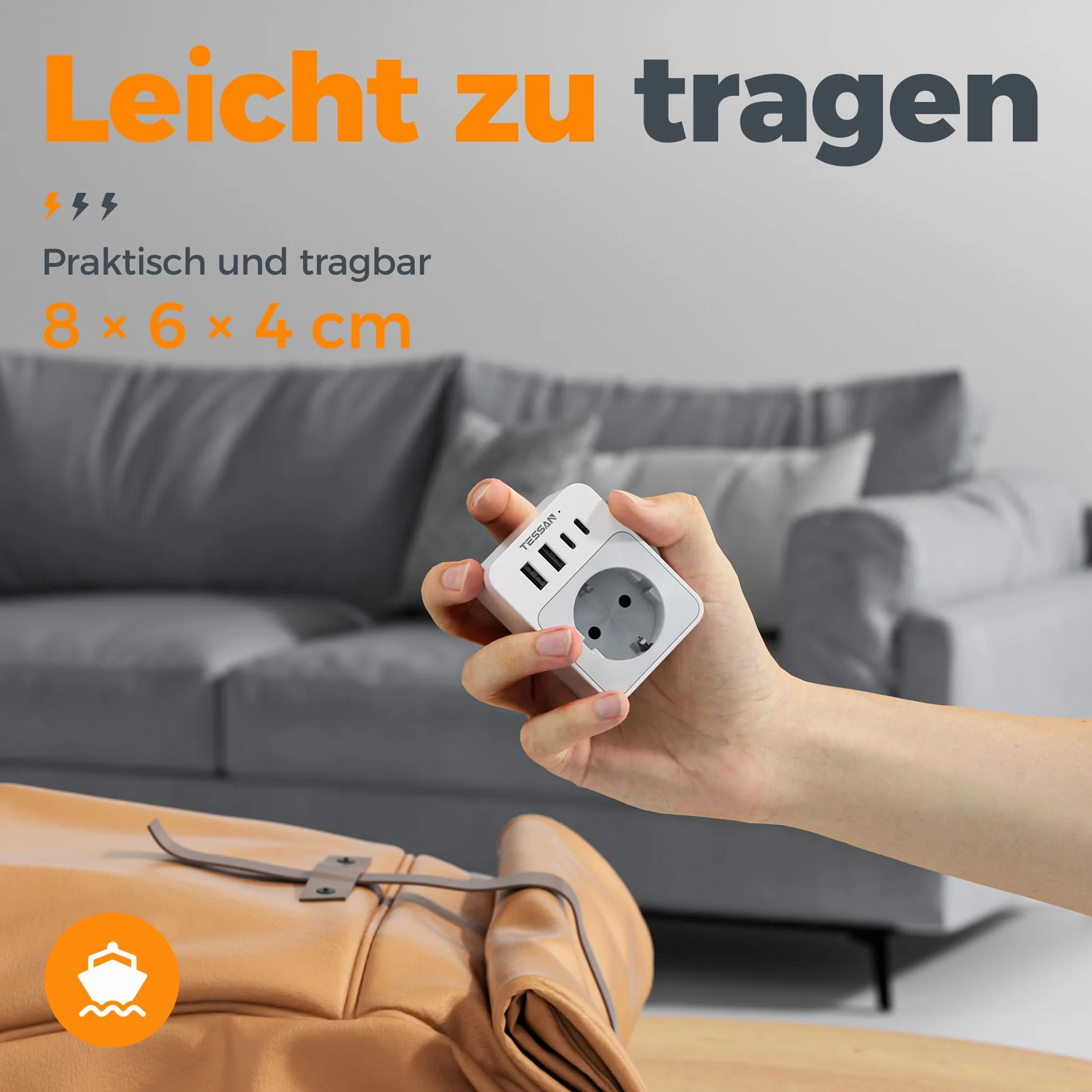 TESSAN Adapter USB C 15W płaskie gniazdo 3600W wielokrotna wtyczka gniazdko ścienne szary