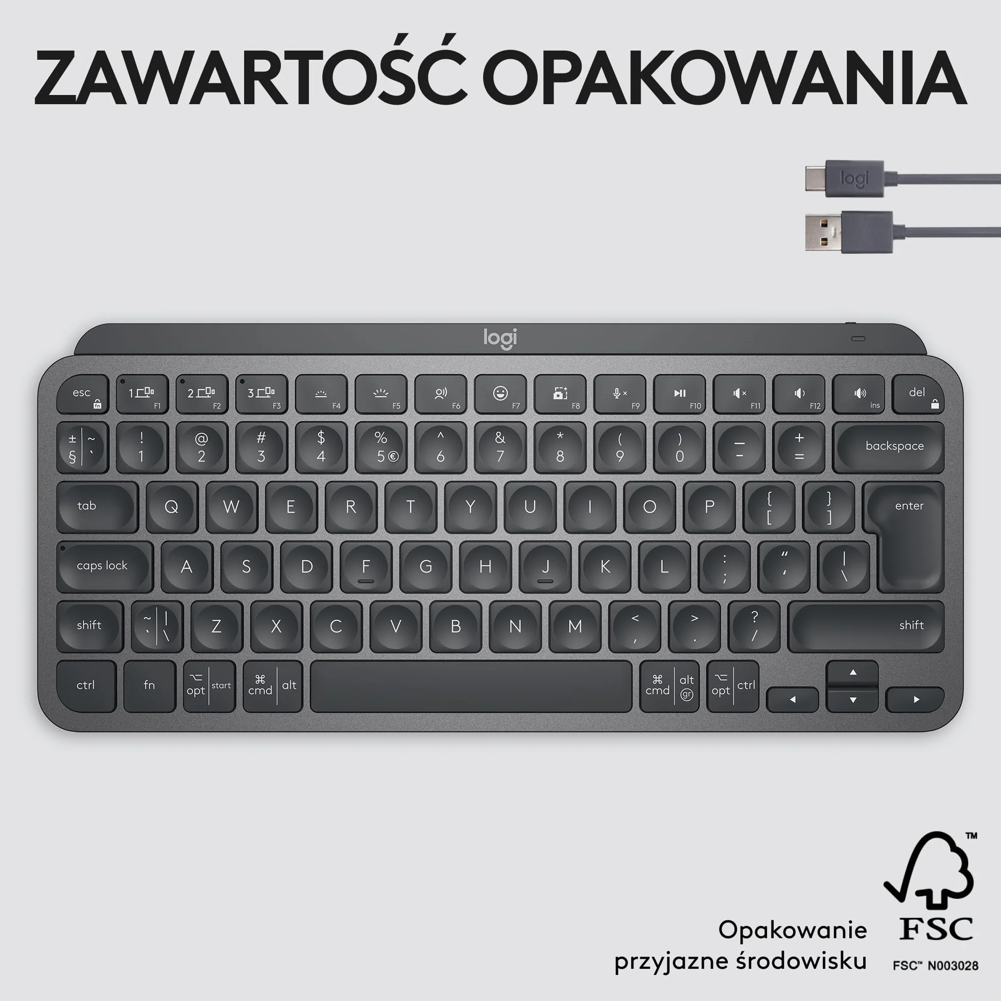 Logitech MX Keys Mini Bezprzewodowa Podświetlana Klawiatura, Kompaktowa, Bluetooth, USB-C, Metalowa Konstrukcja, QWERTY US Intl