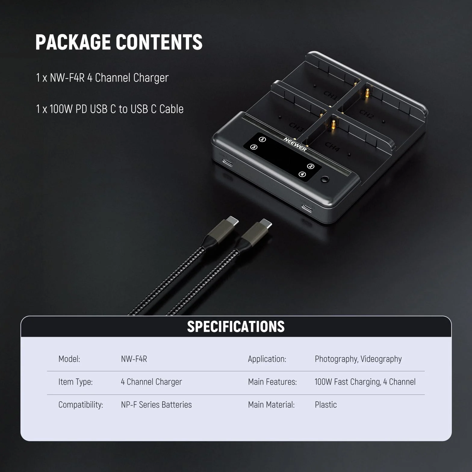 NEEWER NW-F4R 4-kanałowa ładowarka NP-F970 kompatybilna Sony NPF, PD100W podwójny USB C OLED