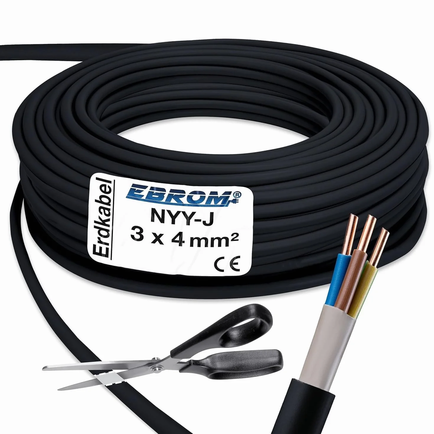 EBROM Kabel zasilający NYY-J 3 x 4 mm² – kabel ziemny – NYY-J 3 x 4 mm² – czarny – towar sprzedawany na metry z dokładnością do metra: wybór w odstępach 5 m, od 5 metrów – 3 x 4 mm² – długość: 30