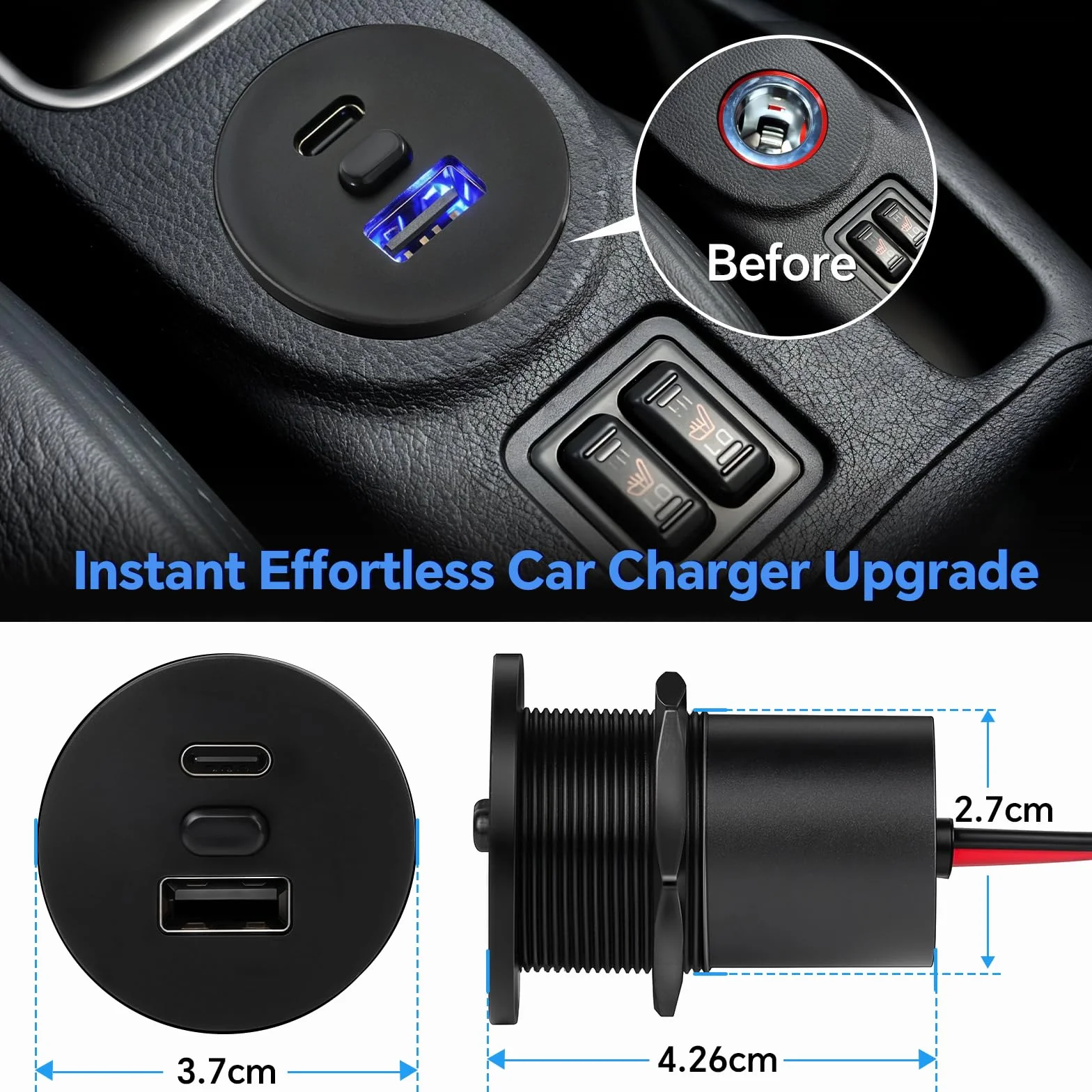 Acegoo Gniazdo USB C 12V Kamper 48W Aluminium Ładowarka samochodowa PD3.0 QC3.0 szybkie ładowanie 2 szt.