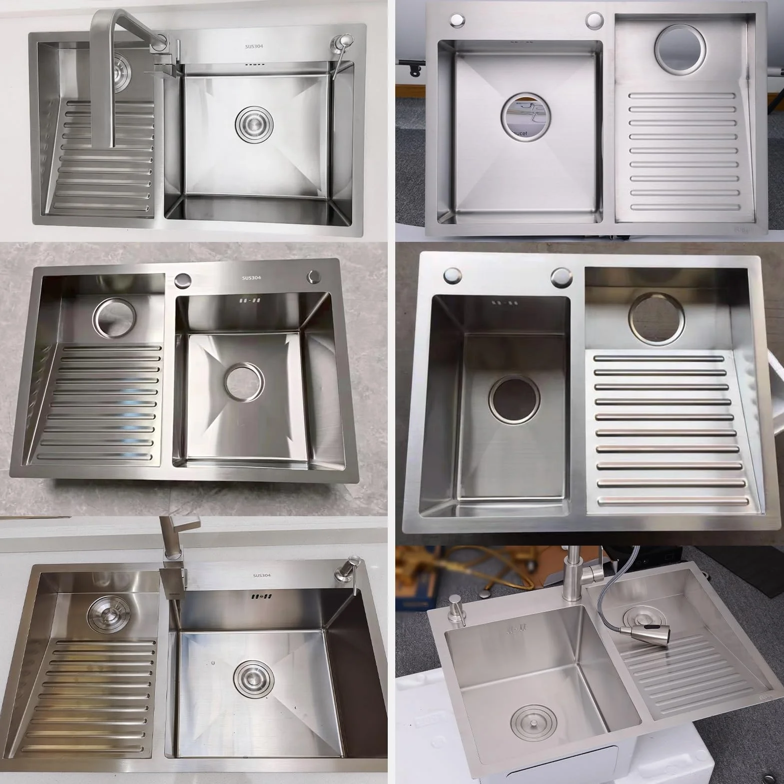 Bathroom Double Bowl Laundry Sink,Household Stainless Steel Laundry Sink,Wash Basin With Washboard,Pull-out Faucet,Easy To Clean (Color : Right, S : 80x48x22cm)