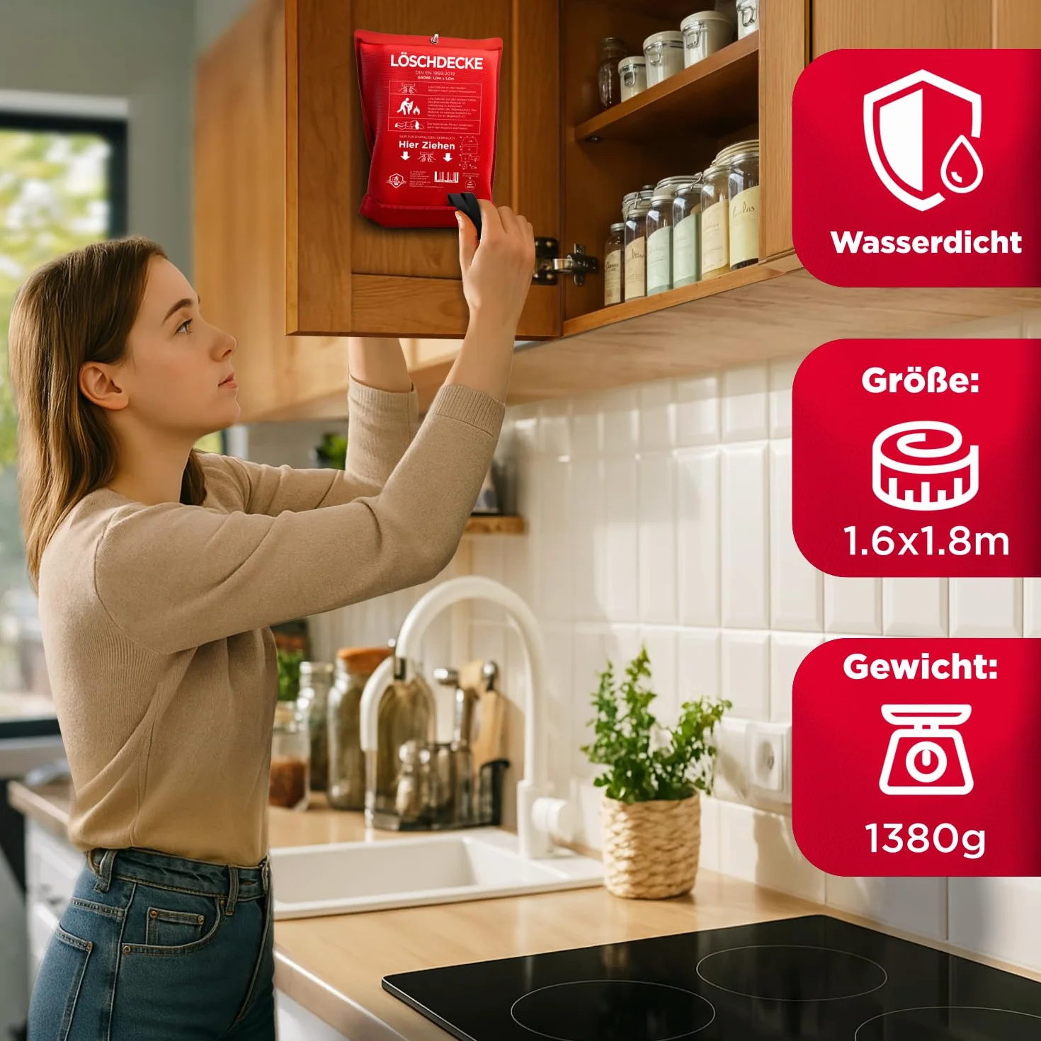 Koc gaśniczy 1,6 x 1,8 m – koc gaśniczy do kuchni i gospodarstwa domowego – koc przeciwpożarowy w sytuacjach awaryjnych, koc ochronny przeciwpożarowy certyfikowany według normy EN, koc