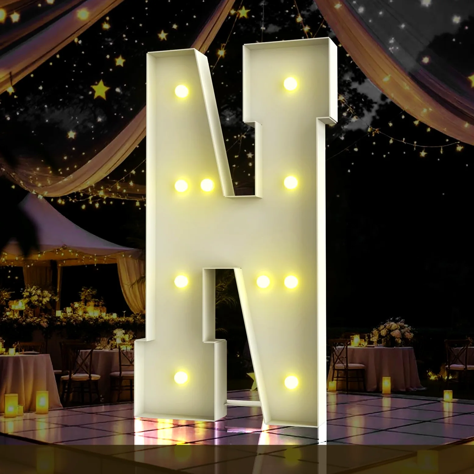 Rozświetlana litera 102 m, litery markizy 10 m wysokości, duży znak LED na imprezę, dekoracje urodzinowe, ukończenie szkoły, studniówkę, baby shower (litera N)