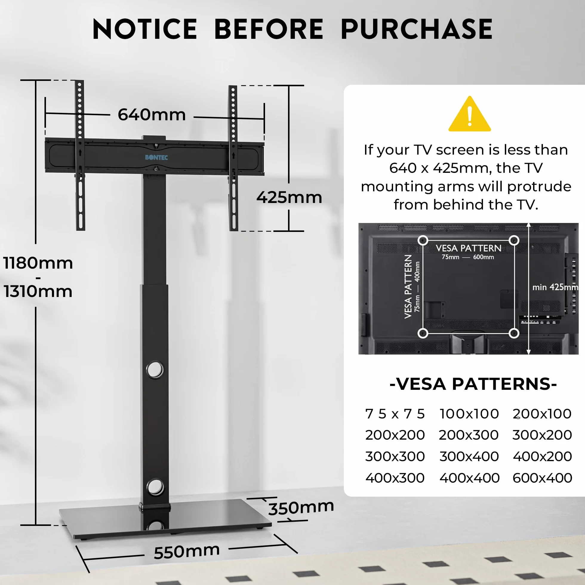 BONTEC Stojak Podłogowy TV 30-70 cali Obrót ±37° Regulacja Wysokości Max Udźwig 40 kg VESA 75x75-600x400 mm Szklana Podstawa