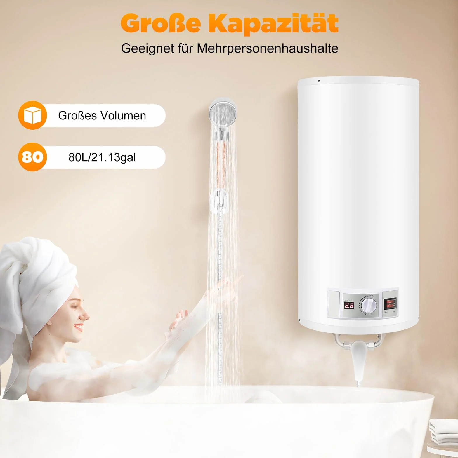 Podgrzewacz wody, pojemność 80 l, pojemność 2000 W, elektryczny bojler z regulacją temperatury 30-75°C, energooszczędny, do łazienki, prysznica, kuchni i pod stół